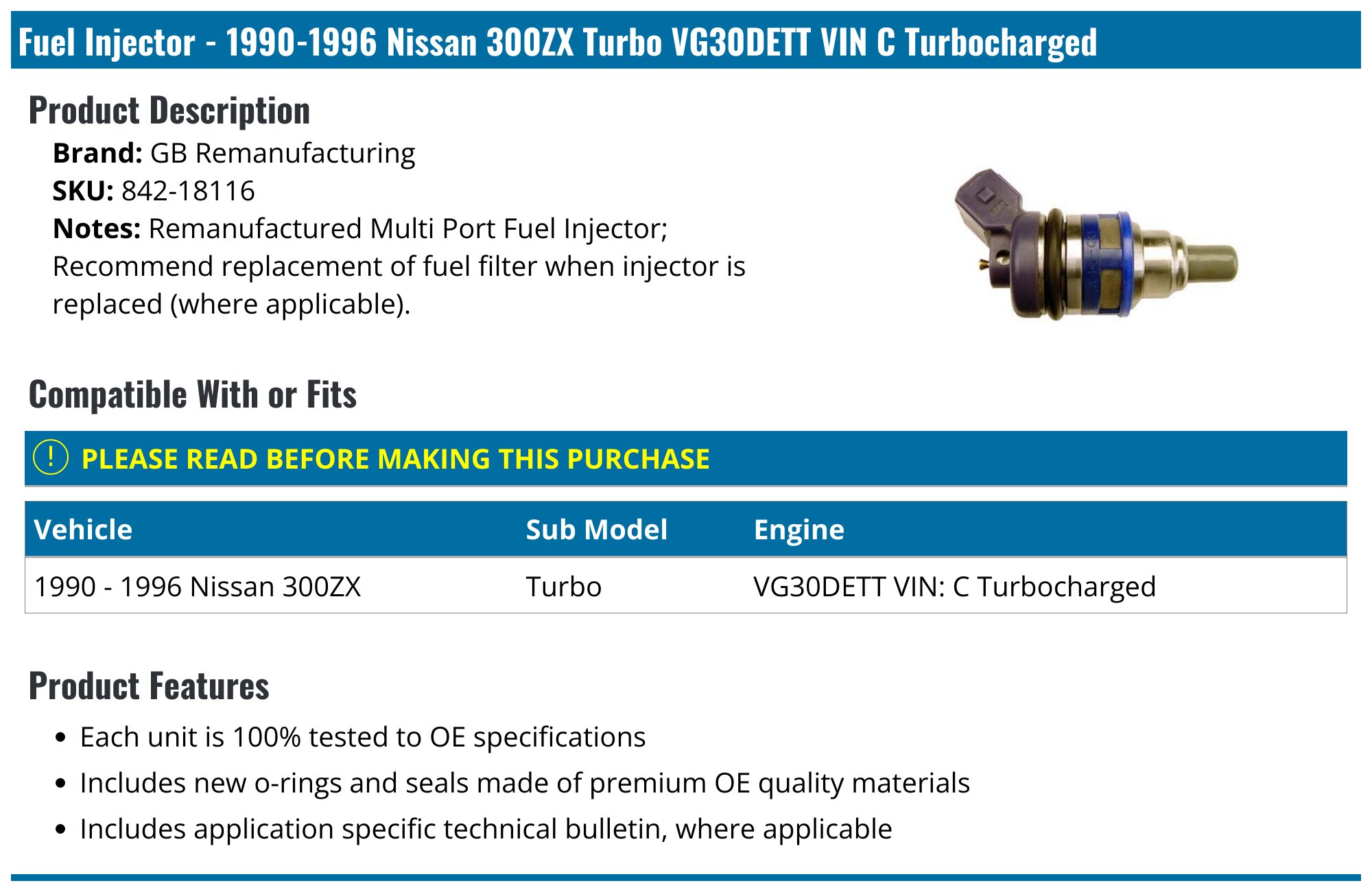 1990-1996 Nissan 300ZX Fuel Injector - GB Remanufacturing 842