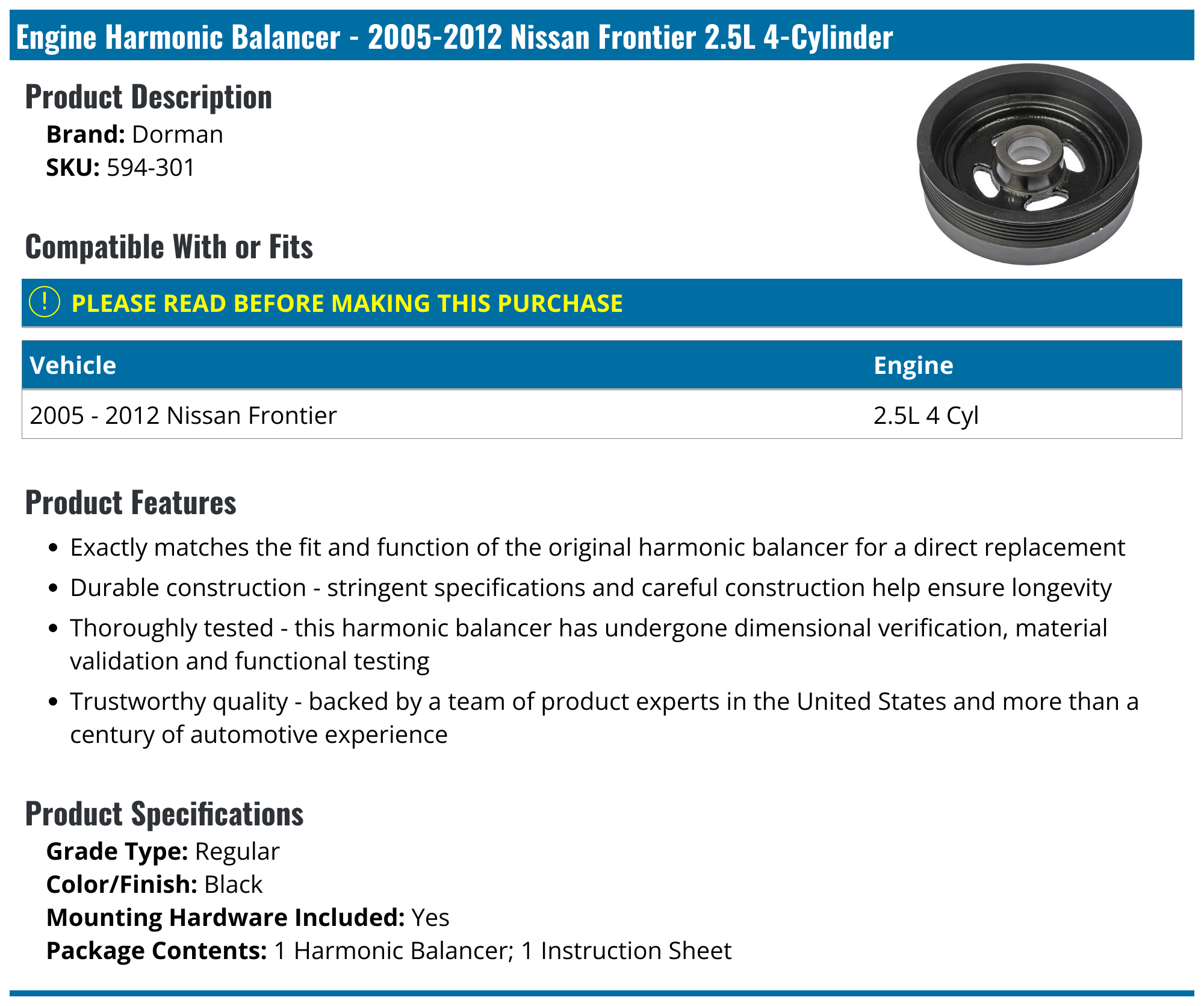 20052012 Nissan Frontier Engine Harmonic Balancer Dorman 594301