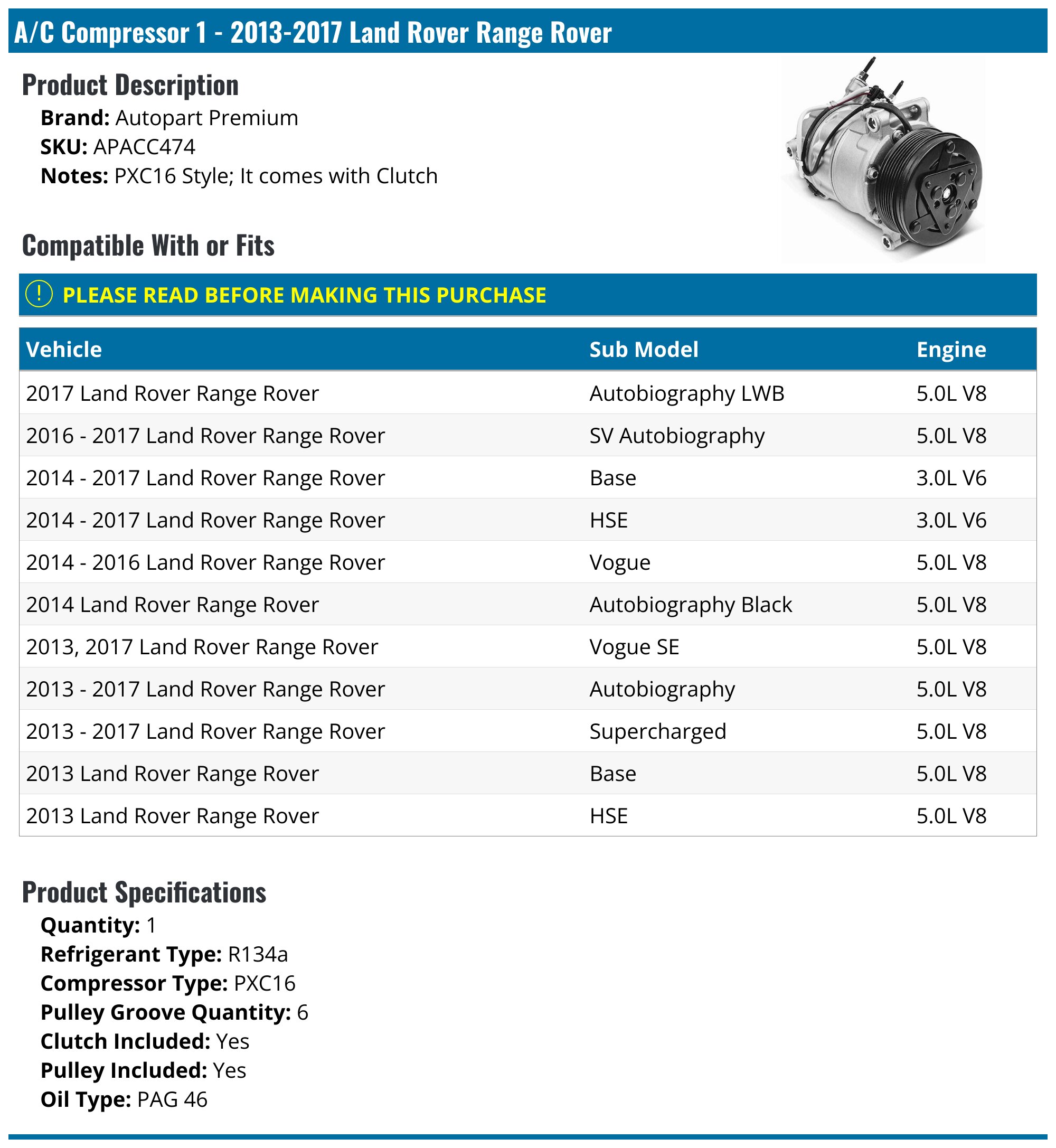 A-Premium A/C Compressor With Clutch For Land Rover Discovery Sport & Range Rover Evoque 2.0L