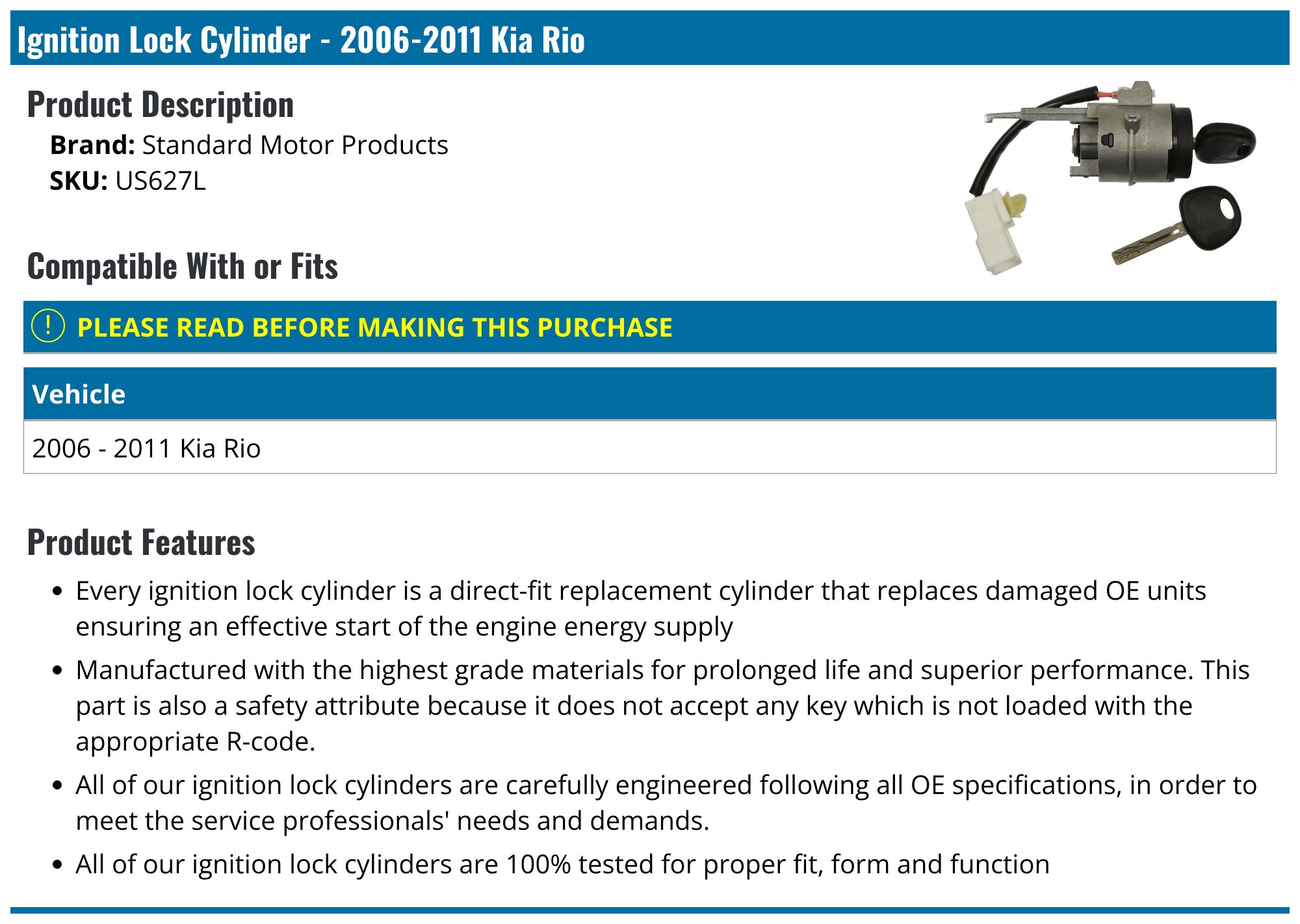 2006-2011 Kia Rio Ignition Lock Cylinder - Standard Motor Products
