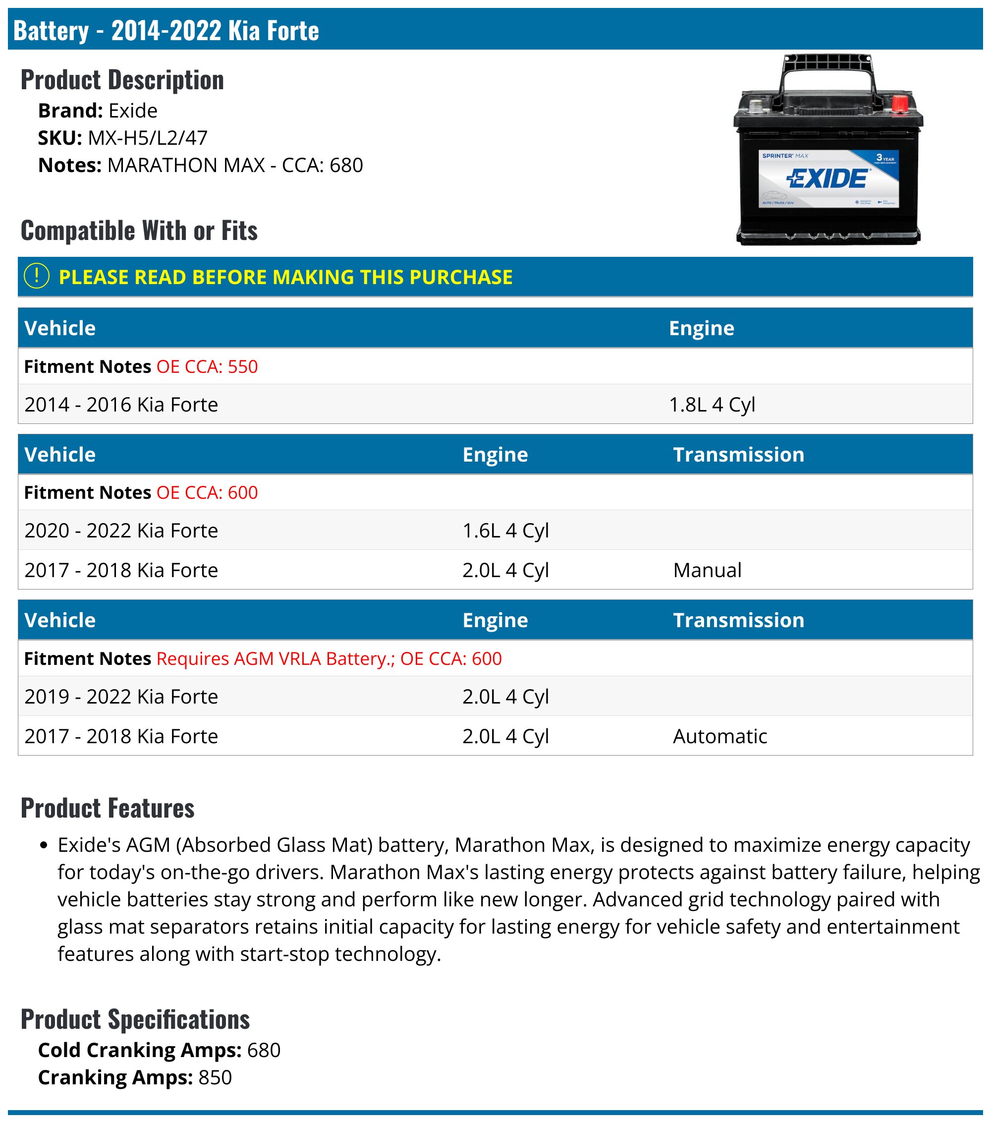 Battery - 2014-2024 Kia Forte - Exide 127005-05951983, image size:2000x2265