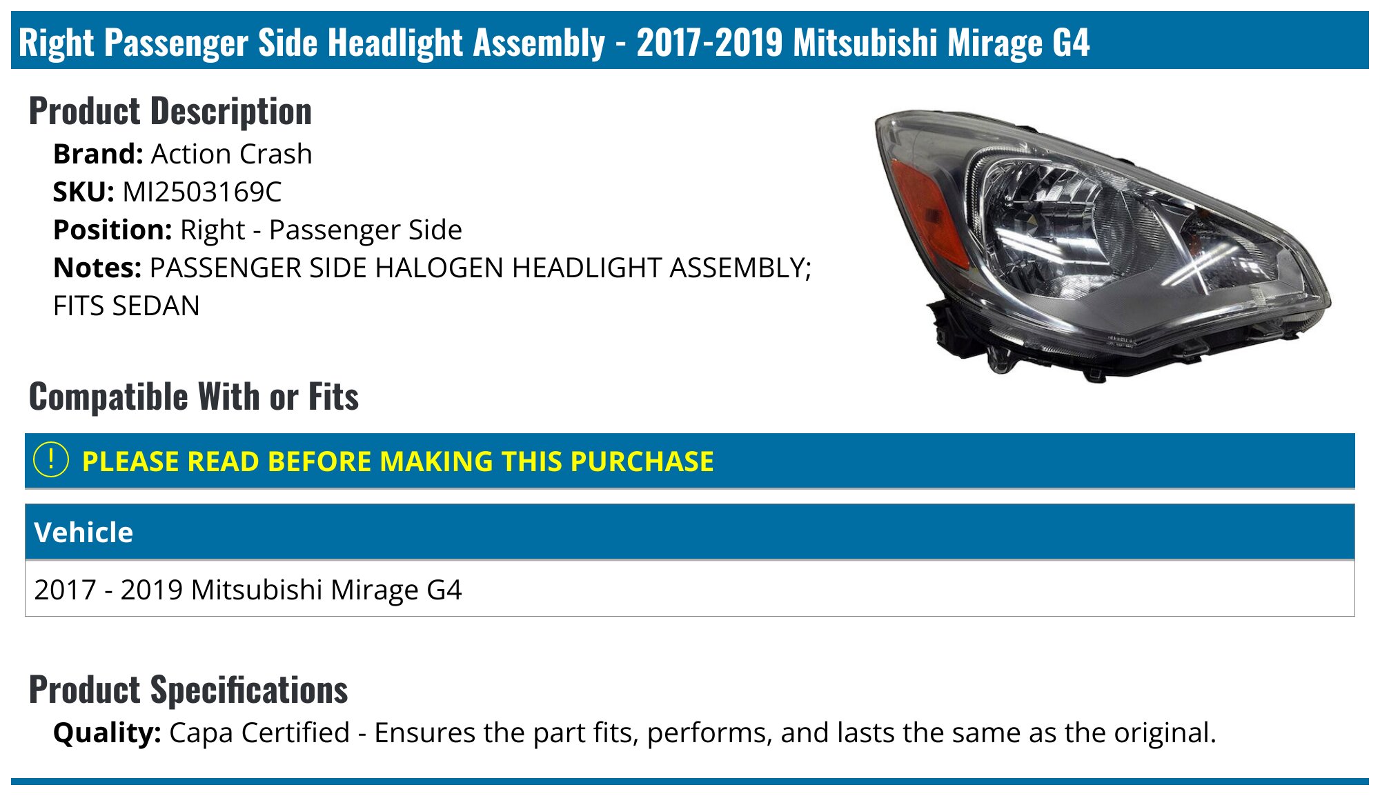 Pair JX Halogen Headlight Assemblies For 2017-2020 Mitsubishi Mirage G4 Sedan – Chrome Housing, Clear Lens, DOT/SAE Certified