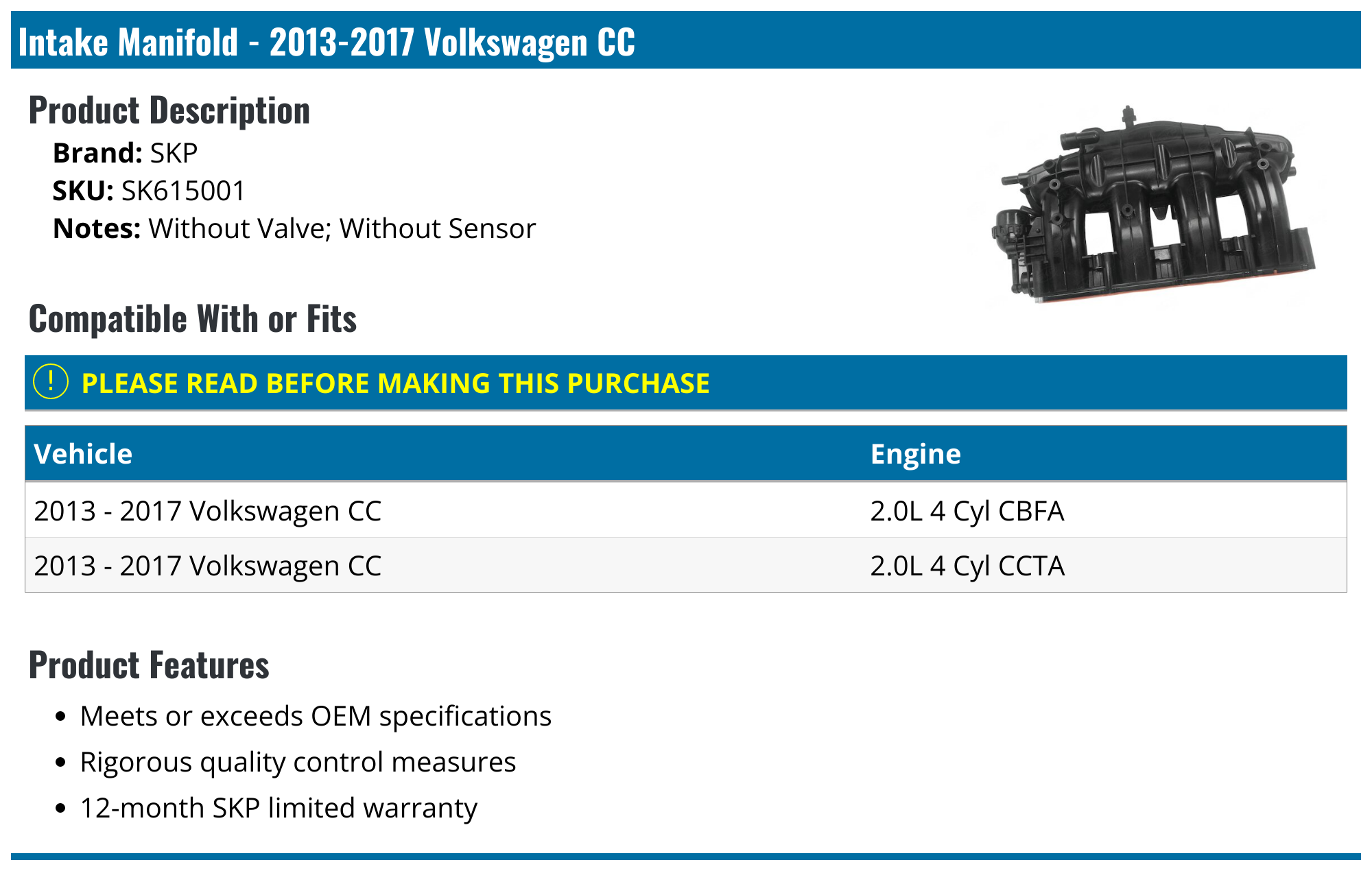 20132017 Volkswagen CC Intake Manifold SKP SK615001
