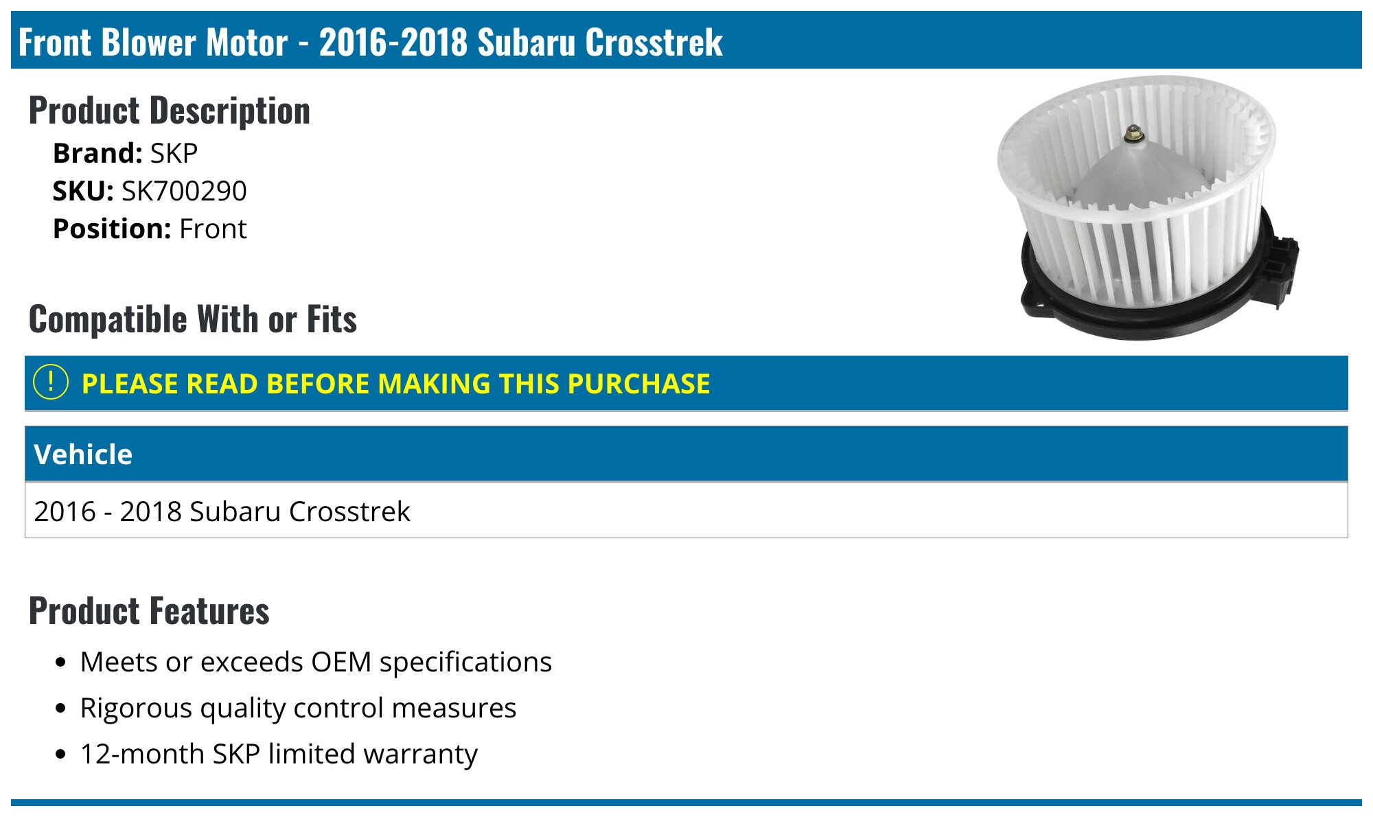 A/C Blower Motor Fan For Subaru Crosstrek (2018-2021) & Impreza (2017-2020)