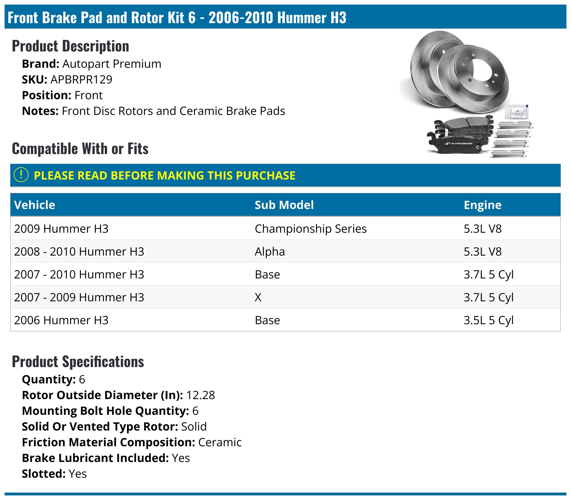 Front Brake Pad and Rotor Kit - 2006-2010 Hummer H3 - Autopart Premium 18605-03700254