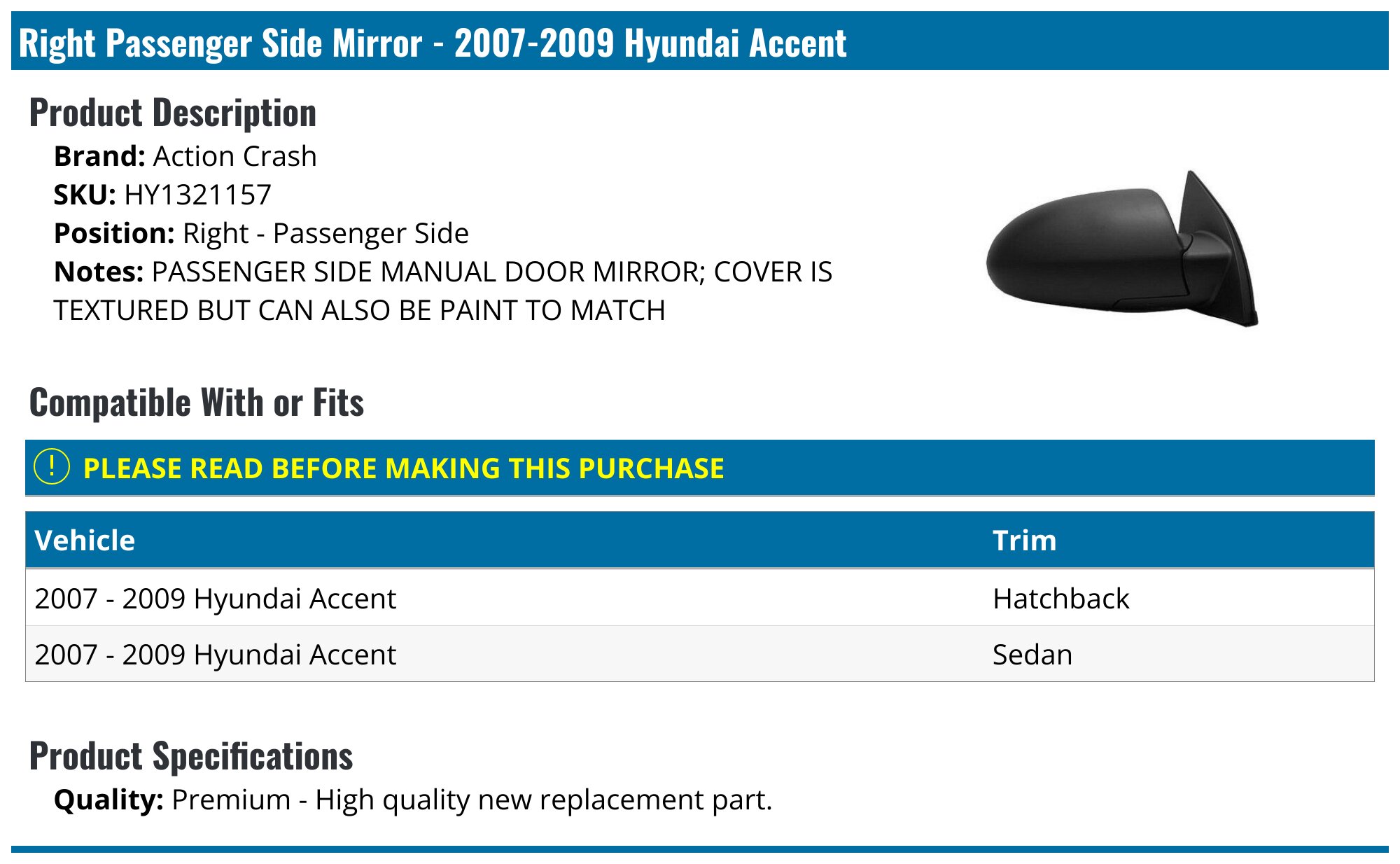 A-Premium Right Passenger Side Non-Heated Mirror Glass With Backing Plate