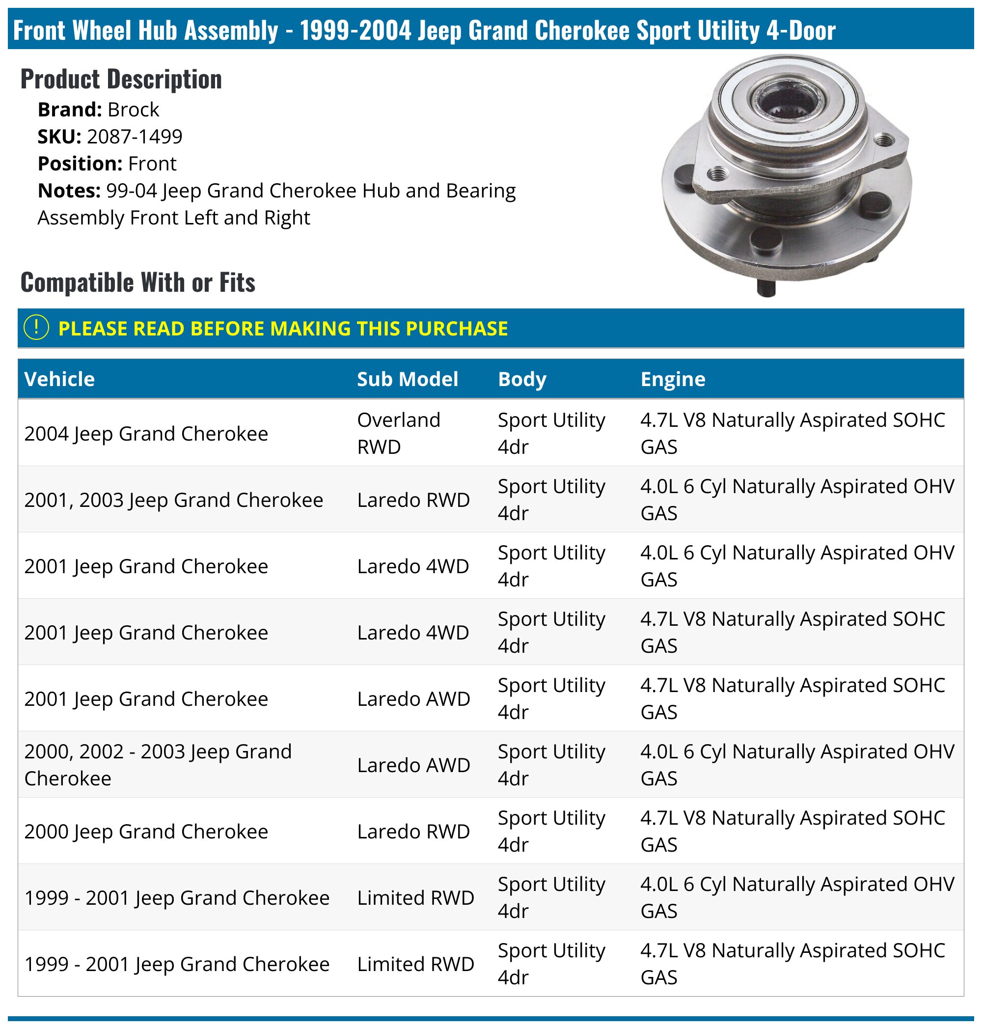 TRQ Front Wheel Bearing And Hub Assembly For 1999-2004 Jeep Grand Cherokee – Left And Right – BHA53915 – With Wheel Studs