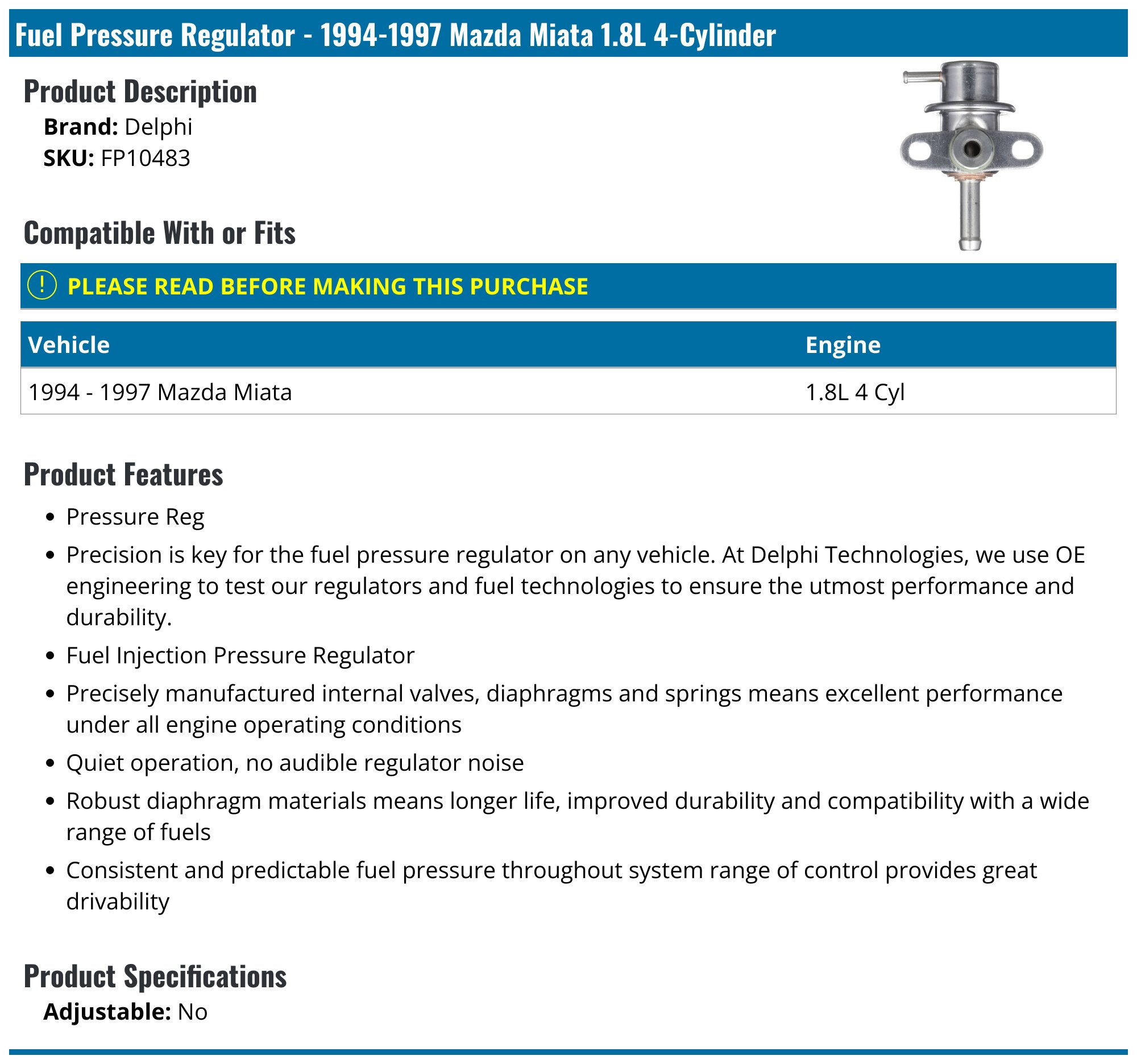 FUEL PRESS REGULATOR DEM FP10431 | Buy Online - NAPA Auto Parts