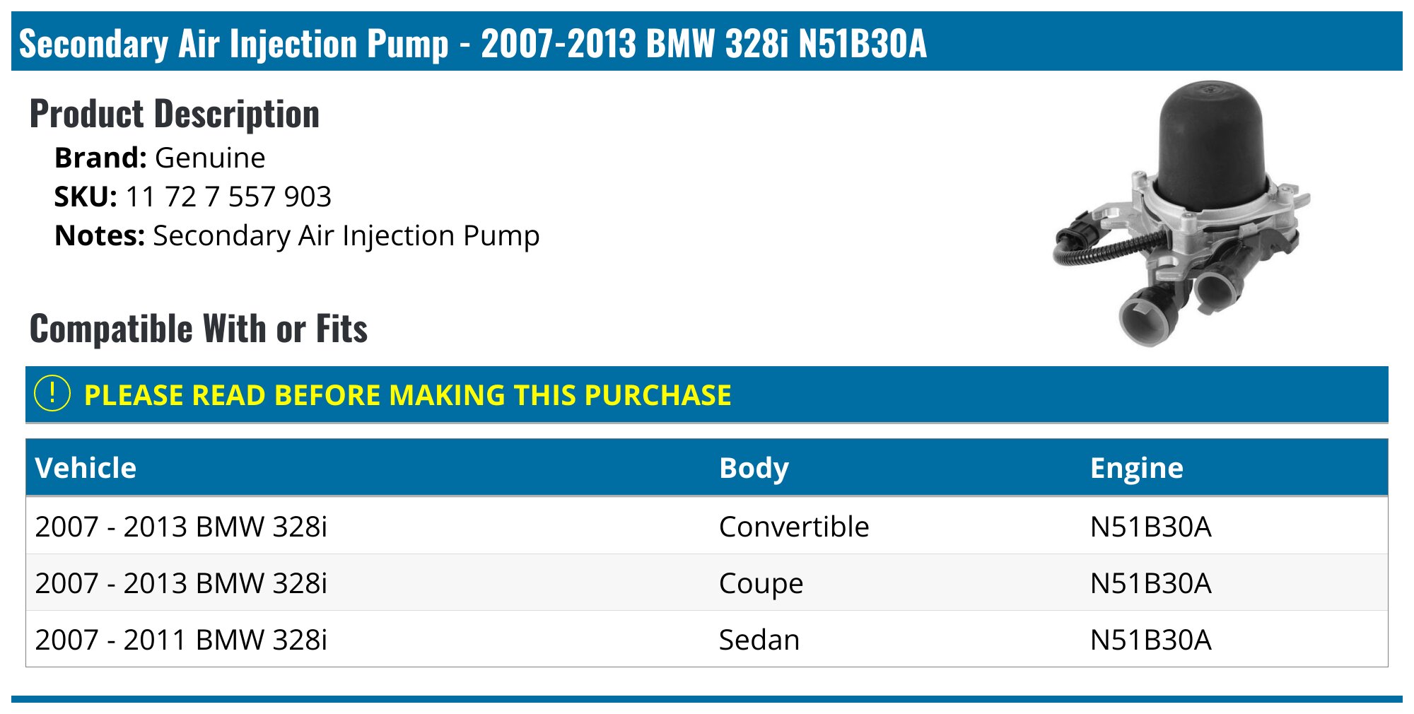 SZKAIDAG Secondary Air Injection Pump For 2007-2013 BMW 328i, 328i XDrive, 328xi (E92, E93) - 11727557903