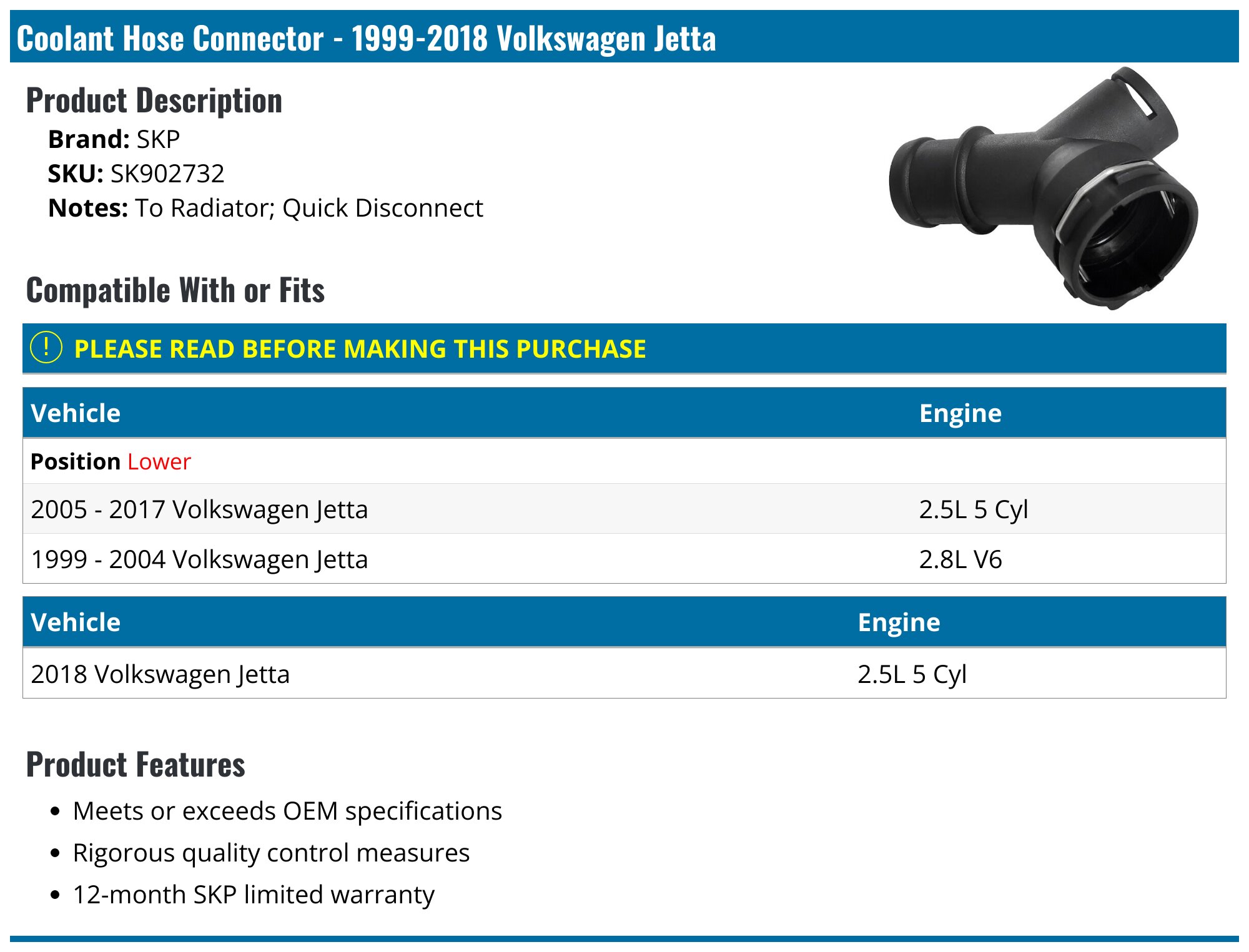 19992018 Volkswagen Jetta Coolant Hose Connector SKP SK902732 Lower