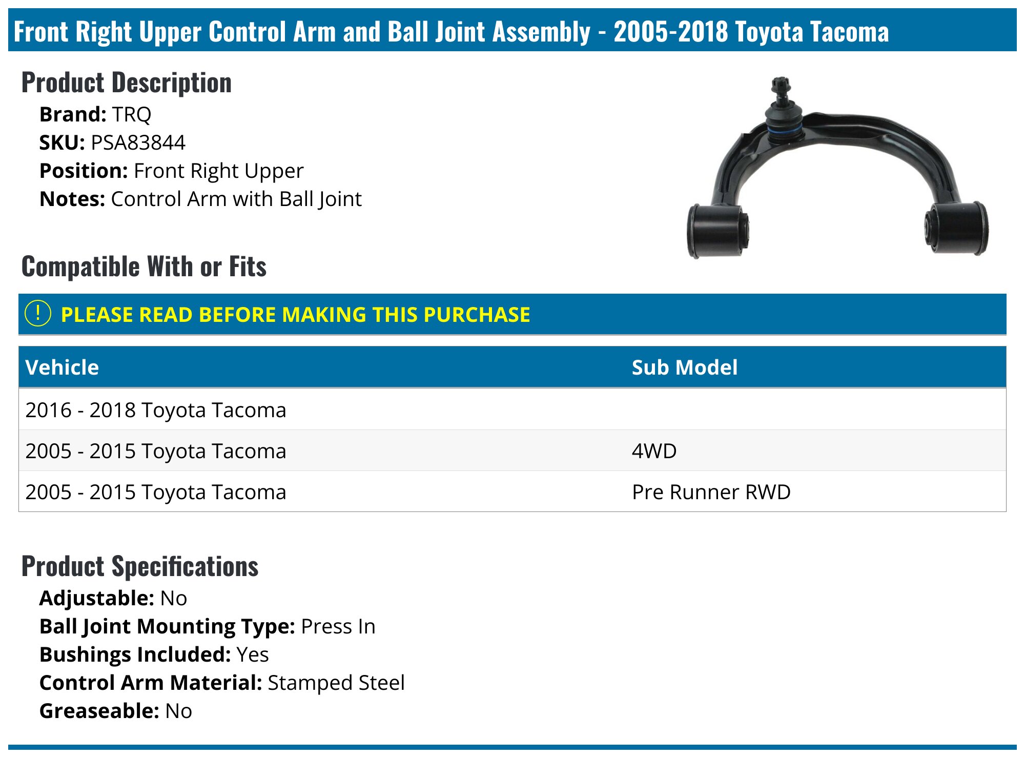 FRONT UPPER & LOWER CONTROL ARM FOR BUSHNG 2005-2015 TOYOTA TACOMA PRE