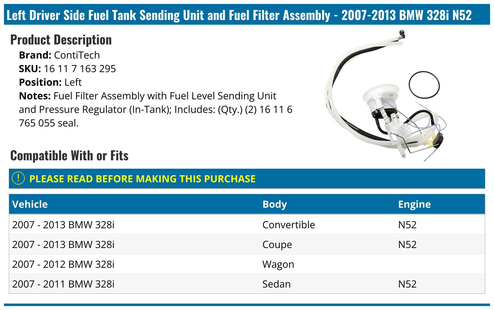 20072013 BMW 328i Fuel Tank Sending Unit ContiTech 16 11 7 163 295