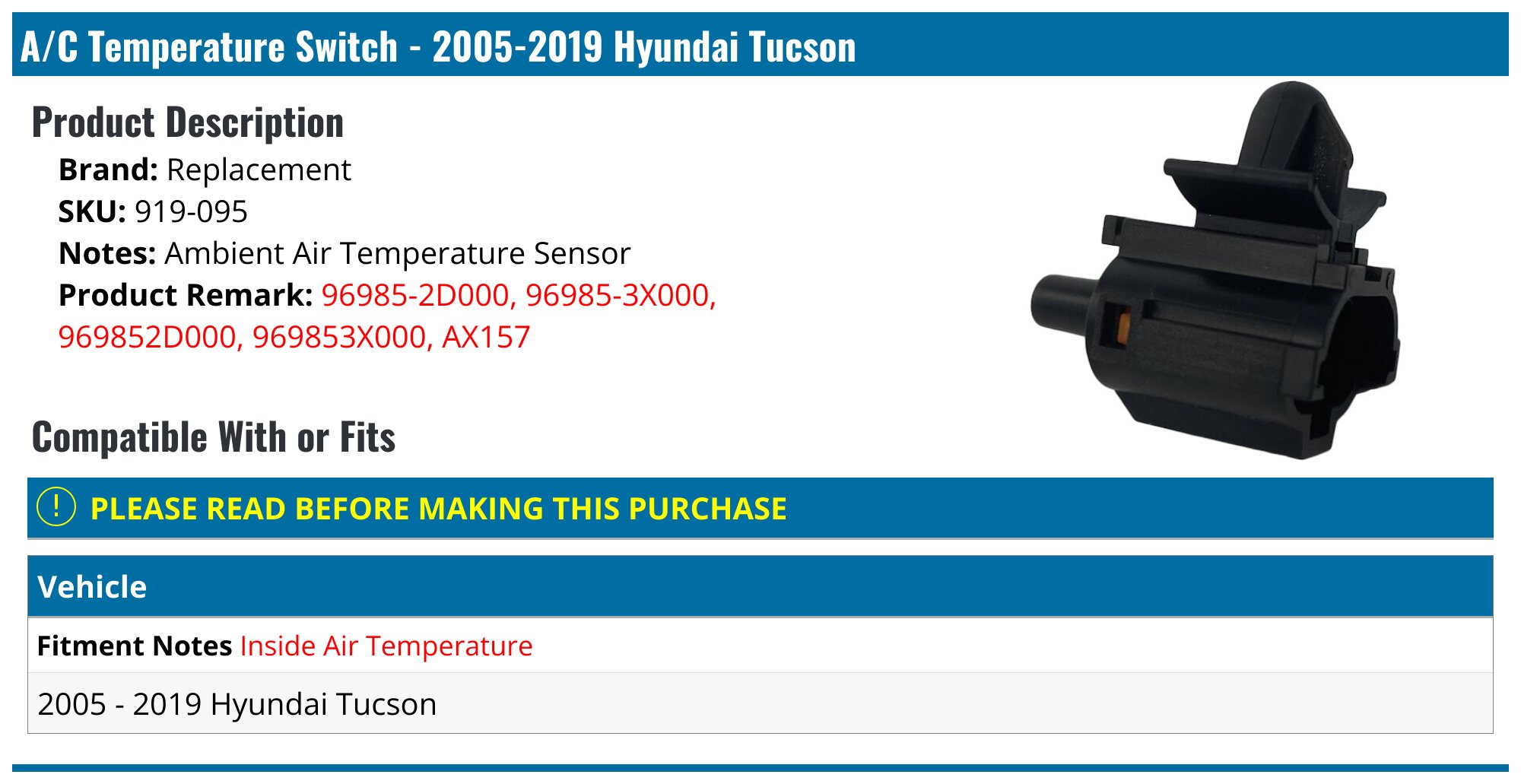 NEW GENUINE Ambient Air Temperature Sensor OEM For Hyundai 969852D000 |  eBay 車用温度センサー 空調センサー 969853X000 969852D000 Compatible With Hyundai For TUCSON Fo