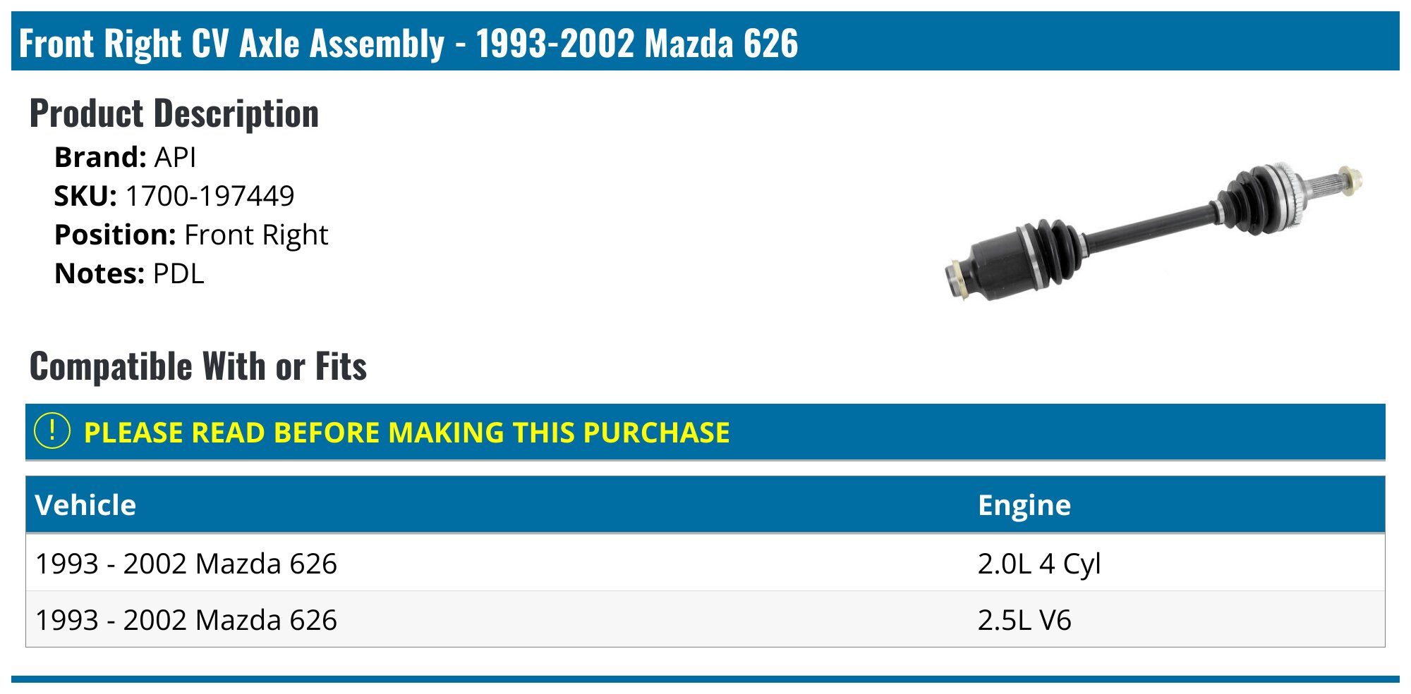 Mazda 626 Axle - Drive Axles - DriveBolt API TRQ Autopart Premium