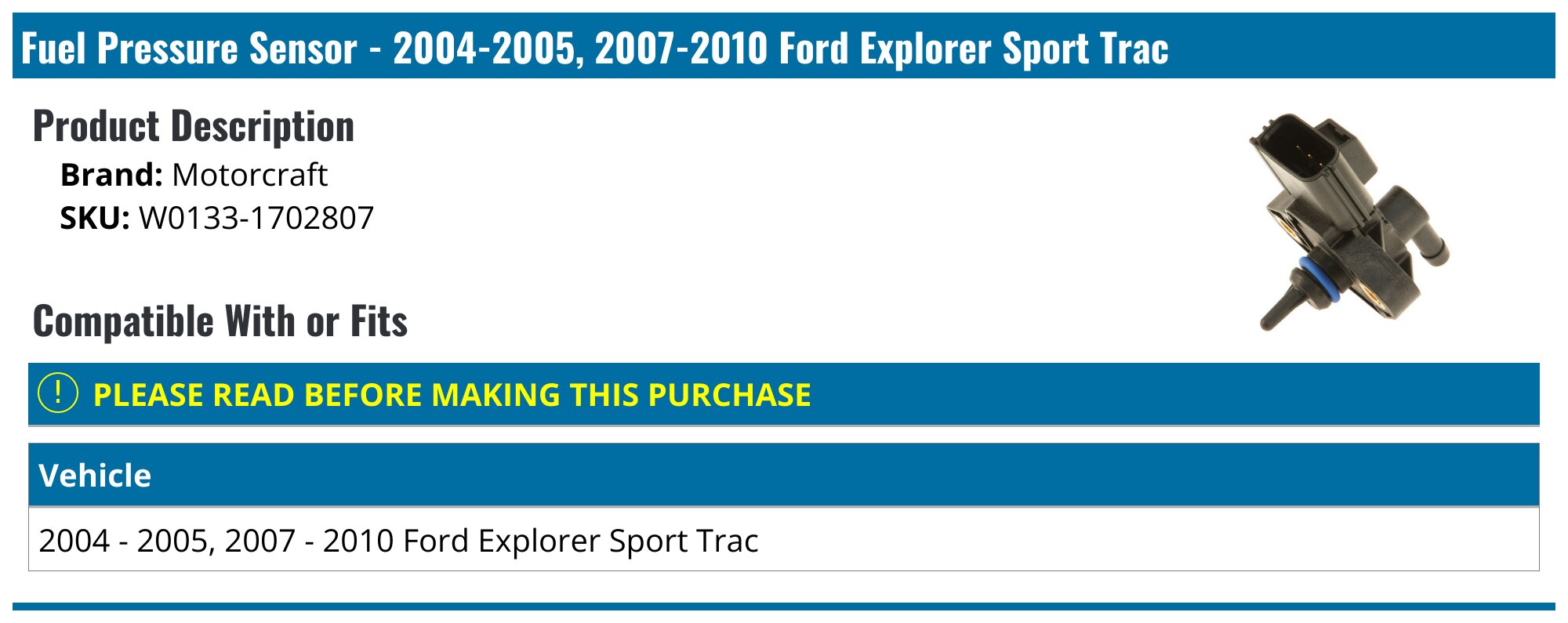 20042005, 20072010 Ford Explorer Sport Trac Fuel Pressure Sensor