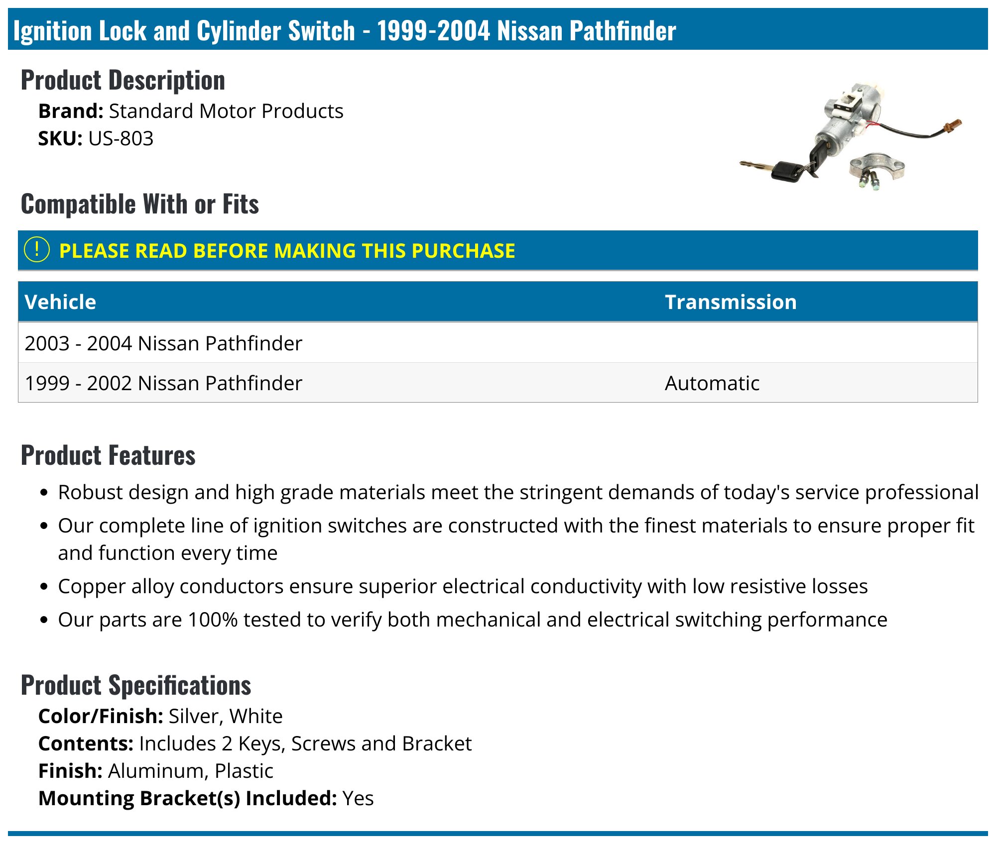 Nissan Pathfinder Ignition Lock Assembly - Replacement Ignition Lock  Assemblys - Standard Motor Products Original Genuine Beck Arnley - 1995  1999 1998 2004 1994 1991 1997 2012 95 99 98 04 94 91 97 12 - PartsGeek