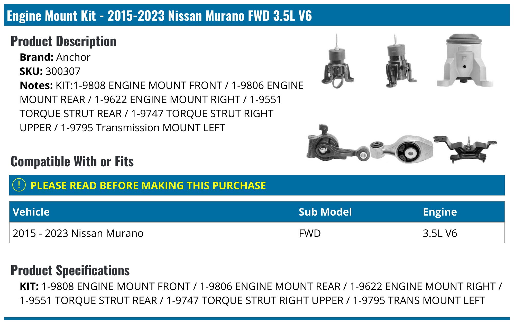3-Piece Engine Mount Kit For Nissan Murano AWD 3.5L (2009-2014) – Front, Right & Rear