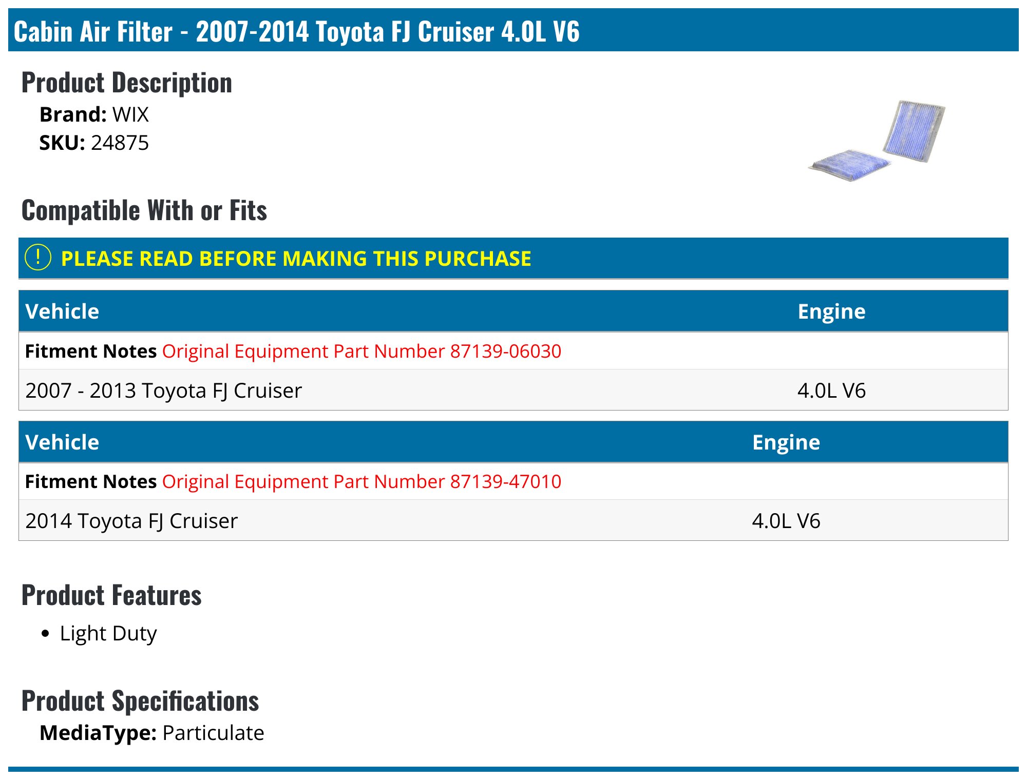 2007-2014 Toyota FJ Cruiser Cabin Air Filter - WIX 24875 - PartsGeek.com