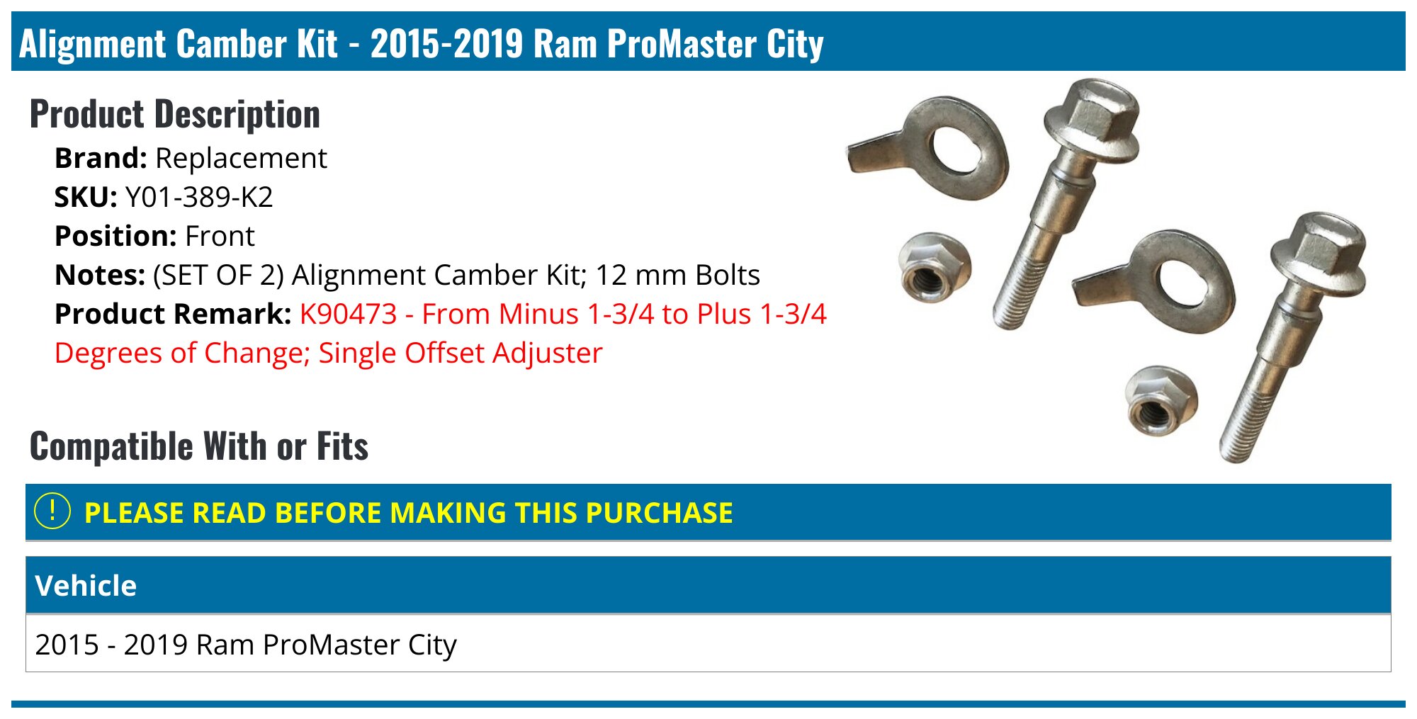 2015-2019 Ram ProMaster City Alignment Camber Kit - Replacement Y01-389 ...
