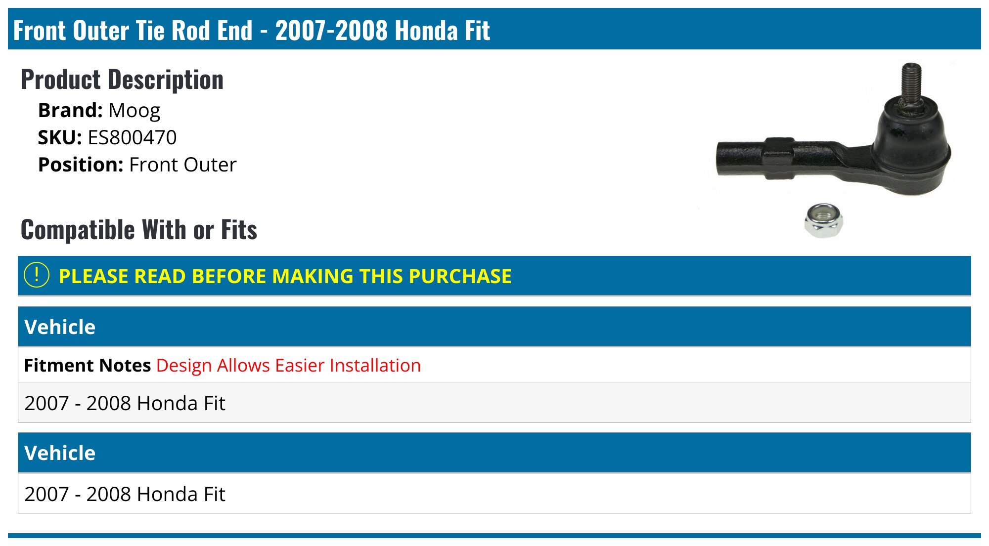 Front Outer Tie Rod End For 2007-2008 Honda Fit – Direct Replacement ES800470 By METRIX