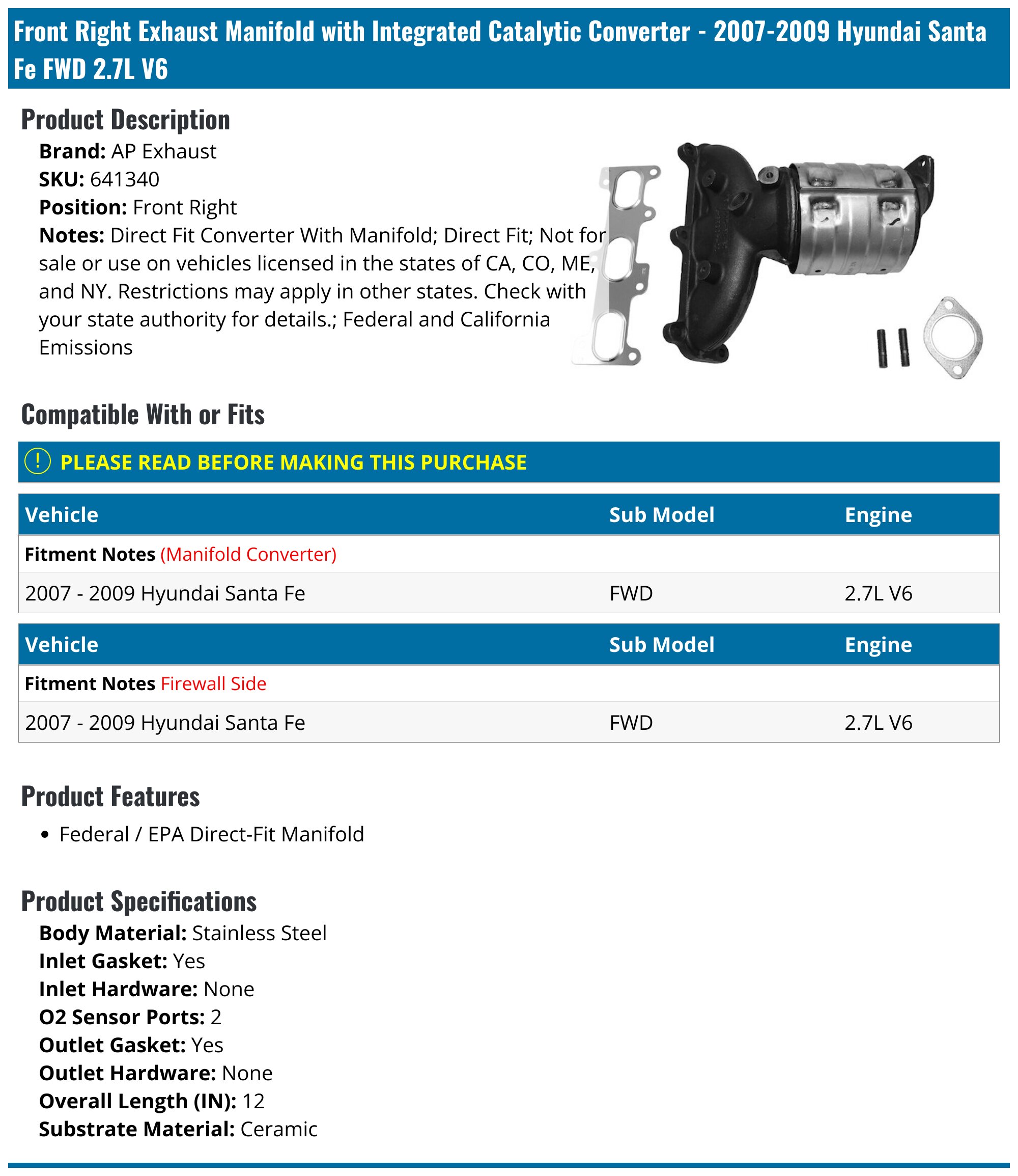 EPA Certified Direct Fit Exhaust Manifold Catalytic Converter For Hyundai Santa Fe 2014-2015