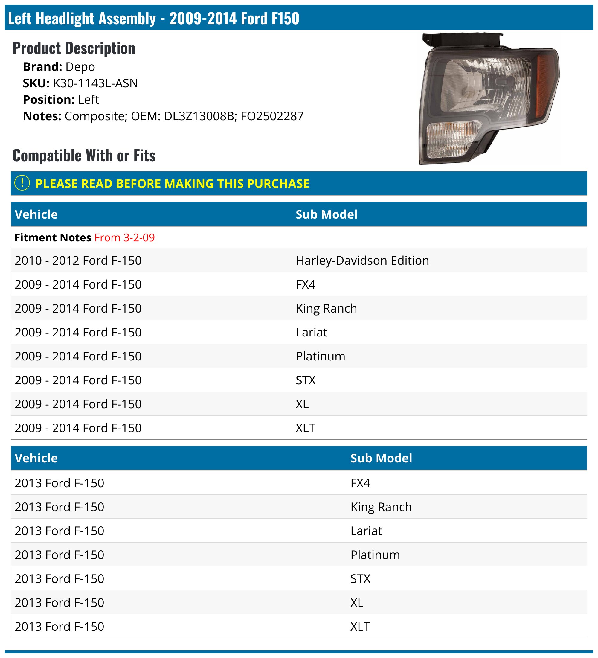 2009-2011, 2014 Ford F150 Headlight Assembly - Depo K30-1143L-ASN ...