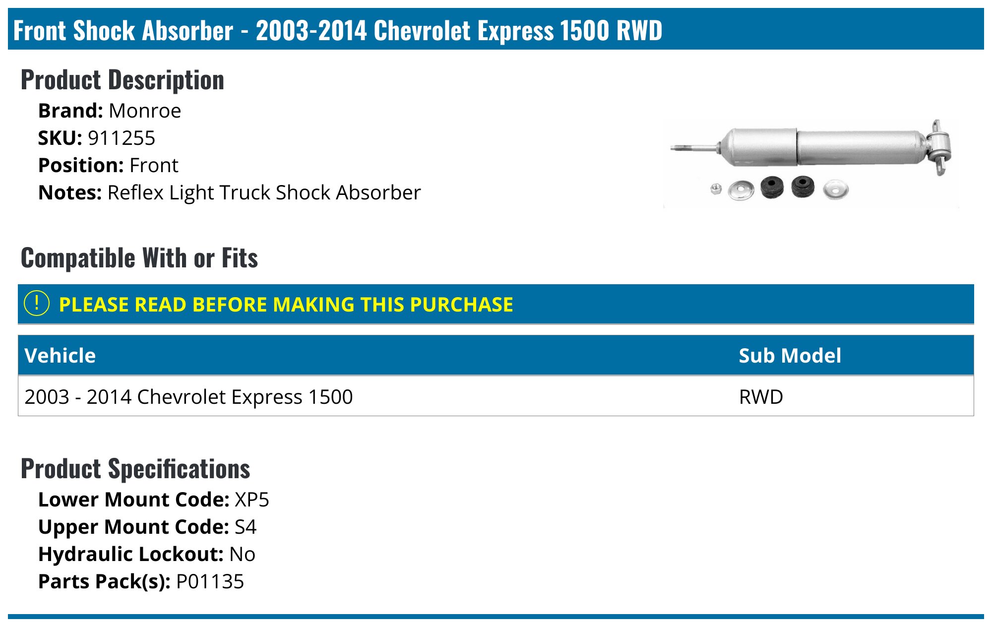 2003-2014 Chevrolet Express 1500 Shock Absorber - Monroe 911255 - Front ...