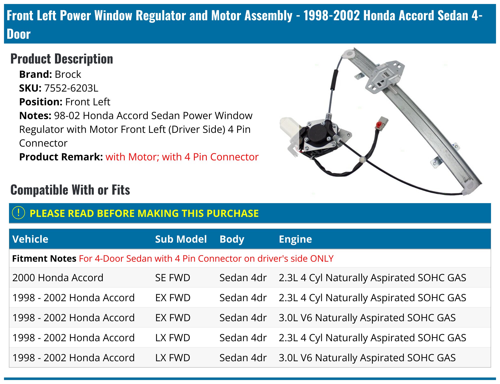 BOXI Power Window Regulator With Motor – Front Left Driver Side For 1998-2002 Honda Accord 4 Door