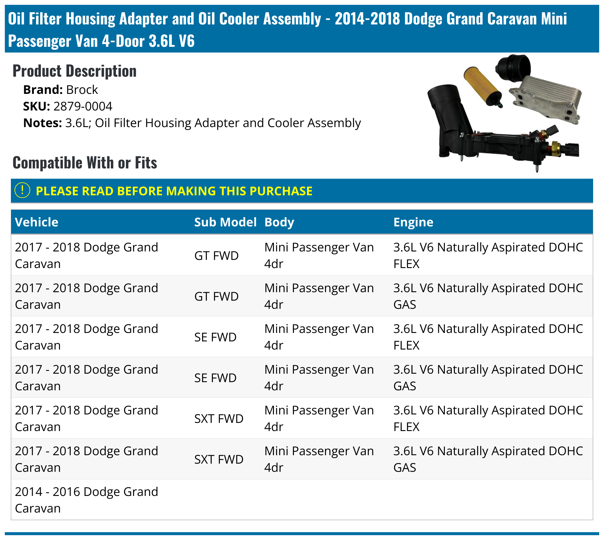 2014-2018 Dodge Grand Caravan Oil Filter Housing - Brock 2879-0004