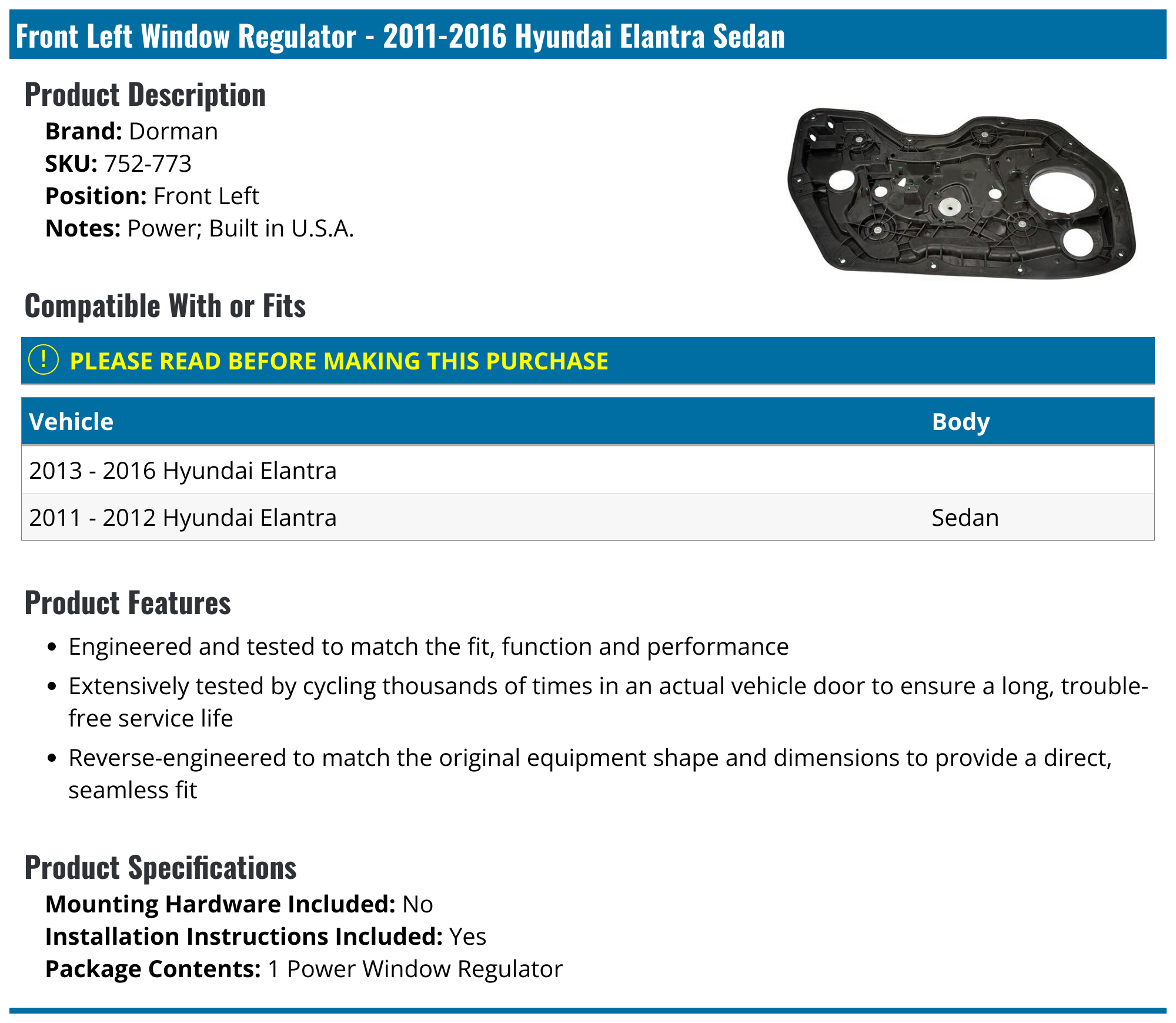 20112016 Hyundai Elantra Window Regulator Dorman 752773 Front