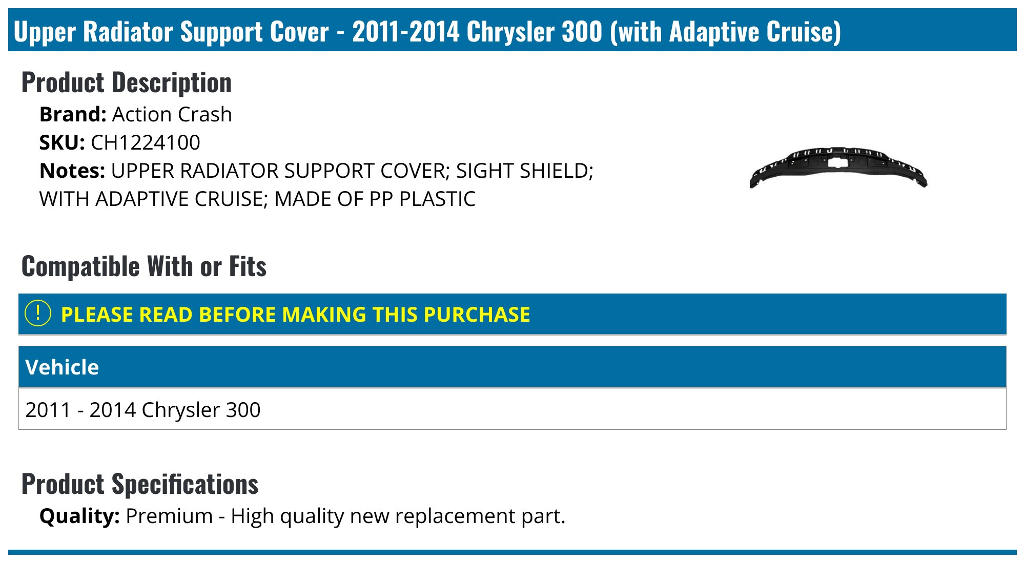 Evan-Fischer Upper Radiator Support Cover For 2011-2014 Chrysler 200 – Direct Replacement 68105431AA
