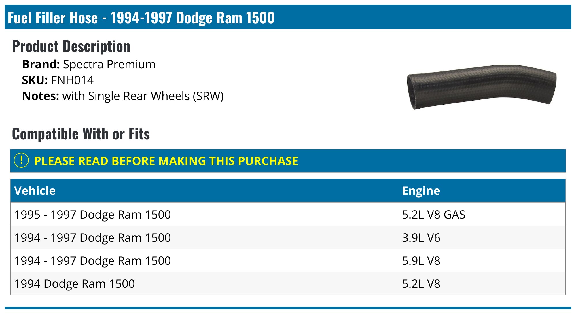 Fuel Line For Dodge Ram Pickup 1500/2500/3500 (1993-2004) – Returnless System, Nylon, 38cm