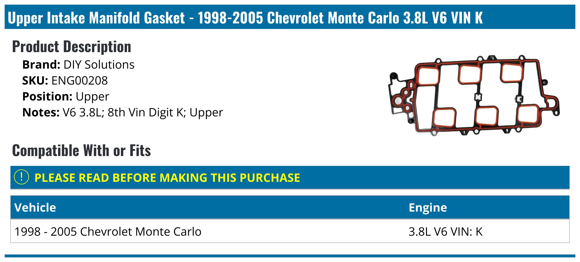 19982005 Chevrolet Monte Carlo Intake Manifold Gasket DIY Solutions ENG00208 Upper