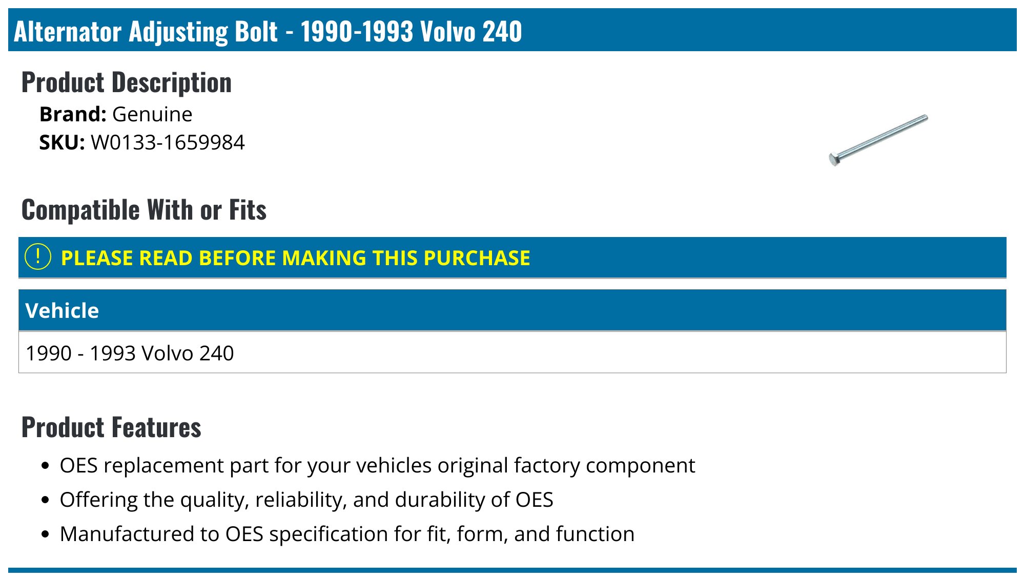 1990-1993 Volvo 240 Alternator Adjusting Bolt - Genuine W0133-1659984