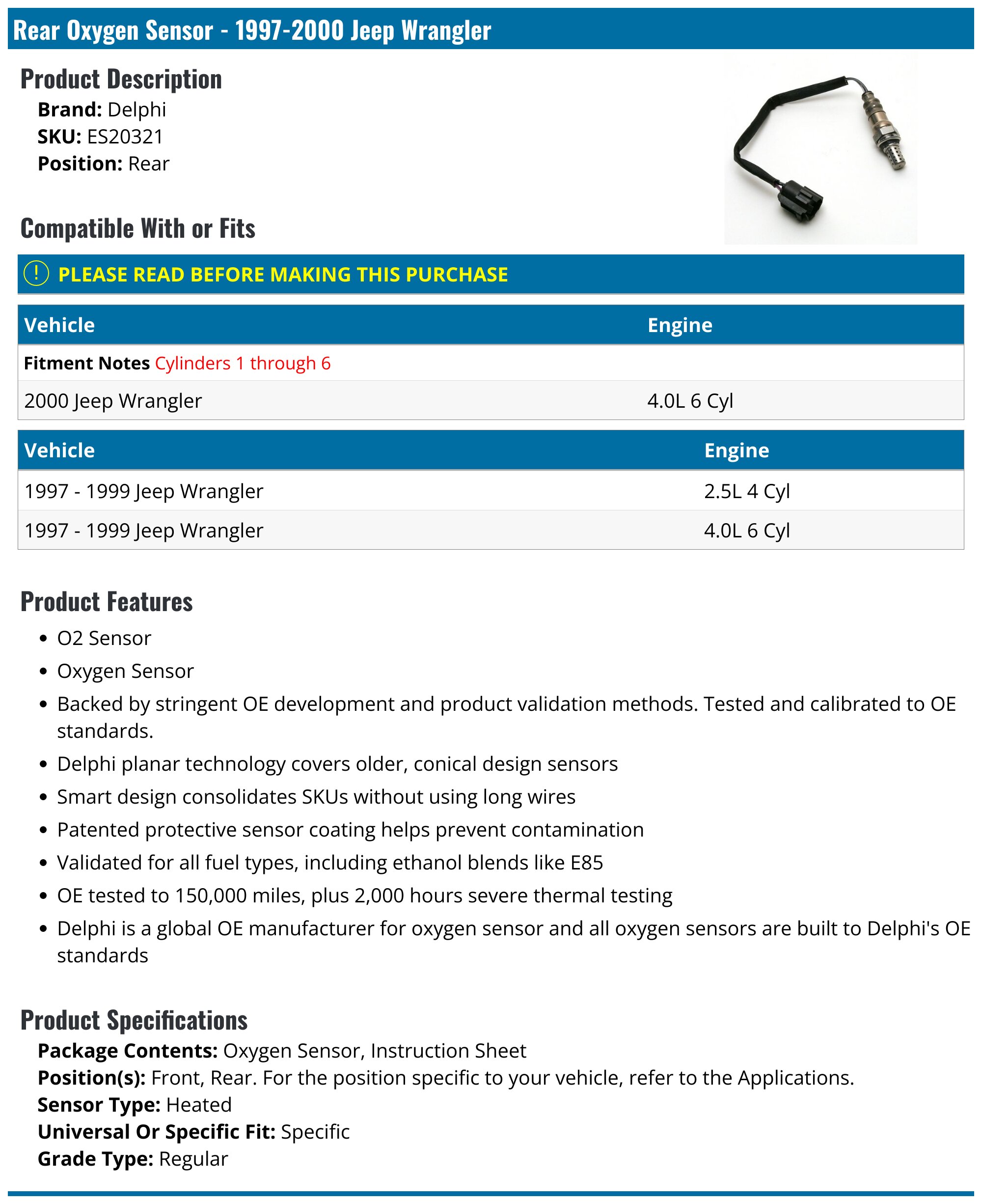 thumbnail image 2 of 2-Pack Bosch Oxygen Sensors For 97-00 Jeep Wrangler 2.5L – Upstream & Downstream O2 Replacement 2 of 6