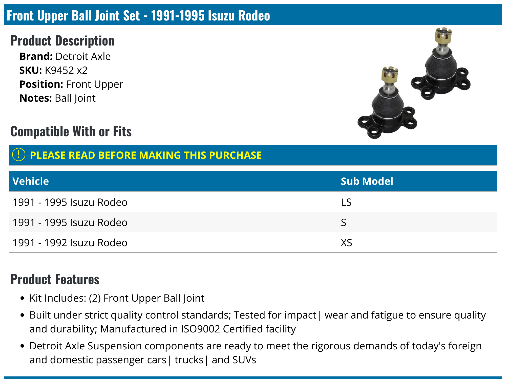 19911995 Isuzu Rodeo Ball Joint Detroit Axle K9452 x2 Front Upper