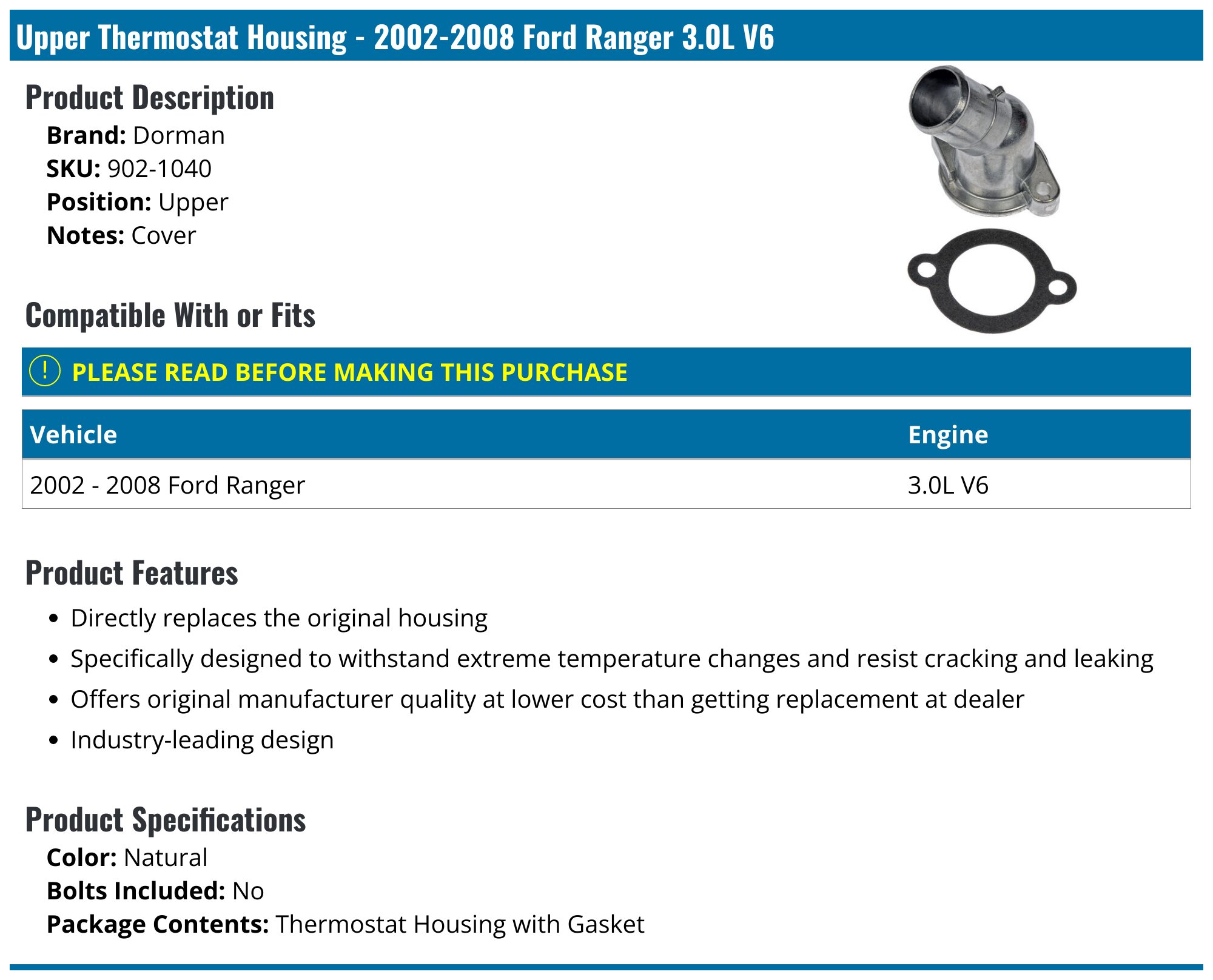2002-2008 Ford Ranger Thermostat Housing - Dorman 902-1040 - Upper ...