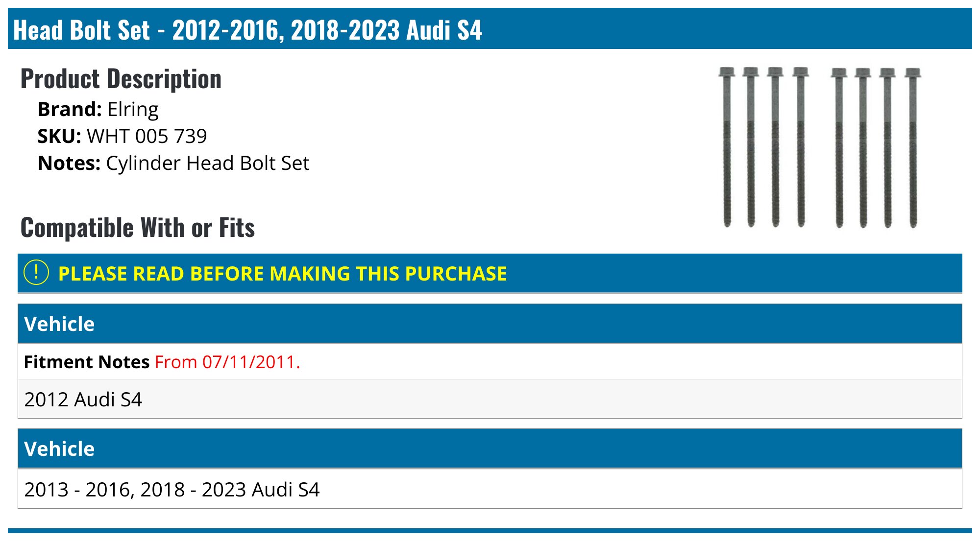 2012-2016, 2018-2024 Audi S4 Head Bolt - Elring WHT 005 739 - PartsGeek.com