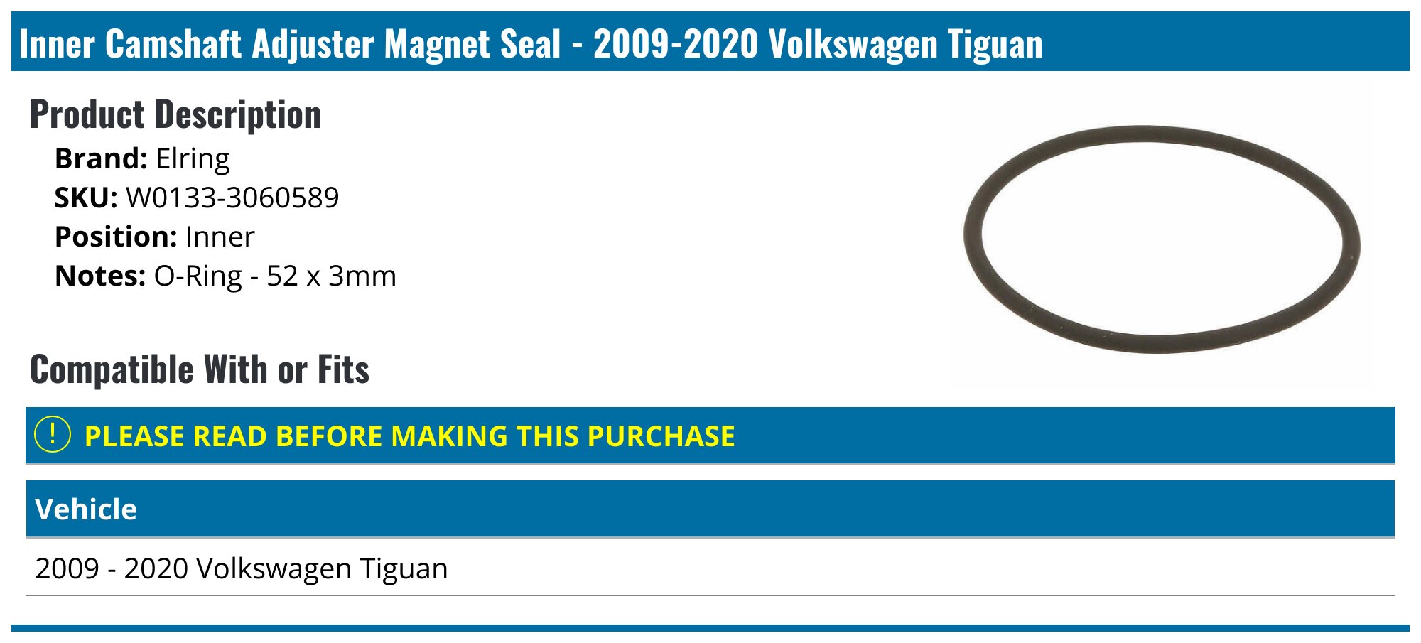 20092020 Volkswagen Tiguan Camshaft Adjuster Seal Elring