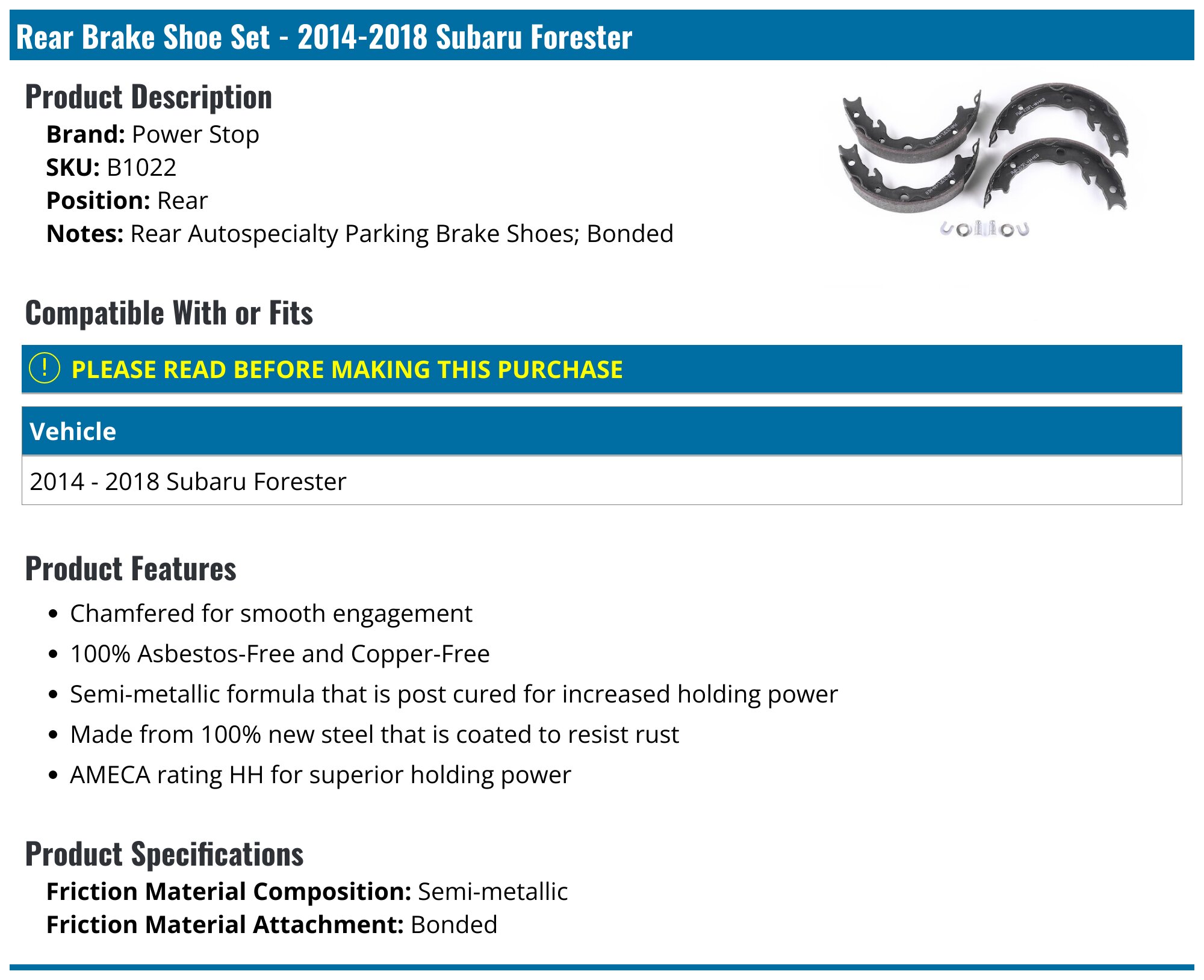 Power Stop B1022 Rear Brake Shoes - Semi-Metallic, Precision Ground, Asbestos Free