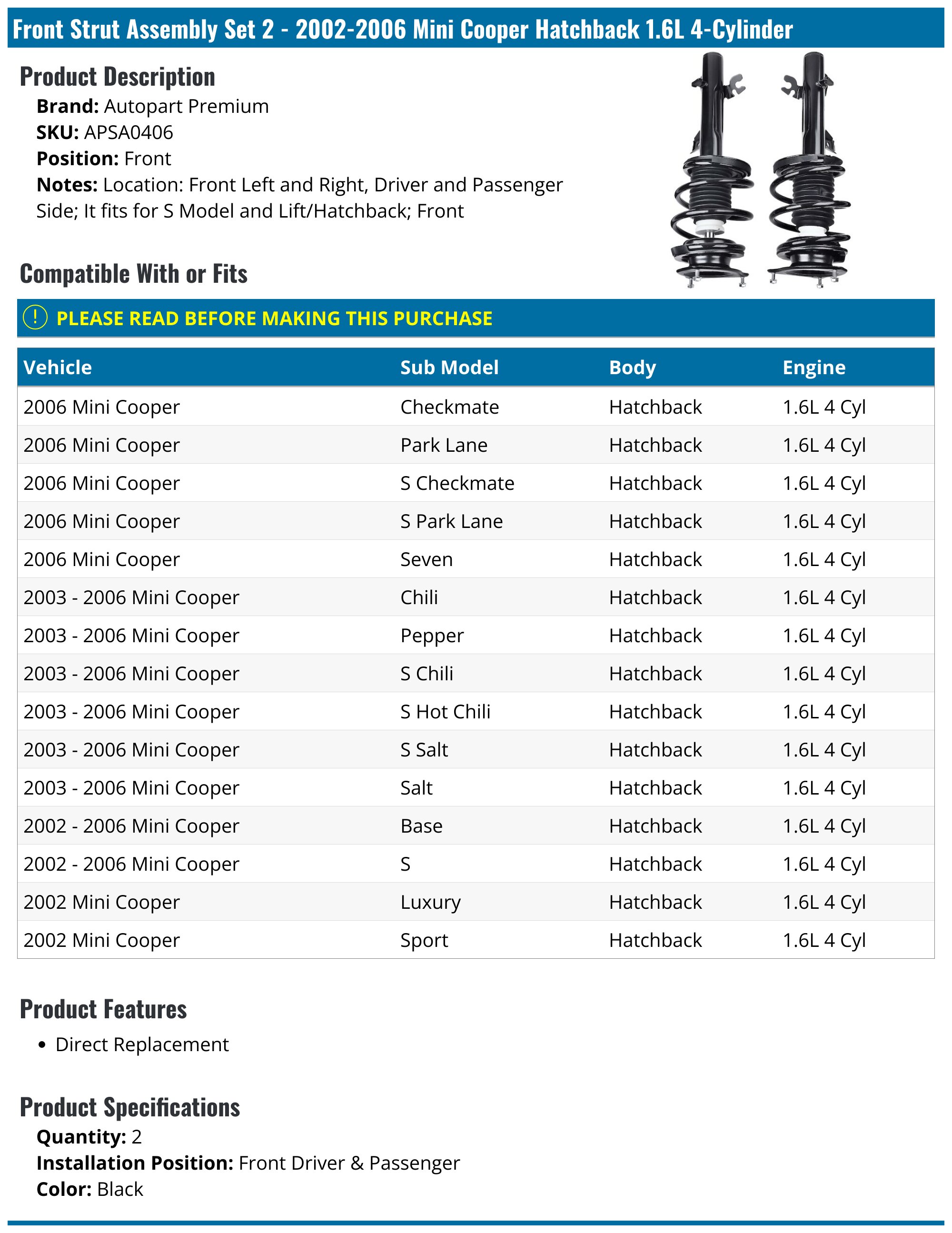 Bilstein B4 OE Replacement Strut Assembly 22-119193 Fits select: 2004-2008 MINI COOPER S, 2002-2003 MINI COOPER Bilstein B4 OE Replacement Strut Assembly 22-119193 Fits select: 2004-2008 MINI COOPER S, 2002-2003 MINI COOPER