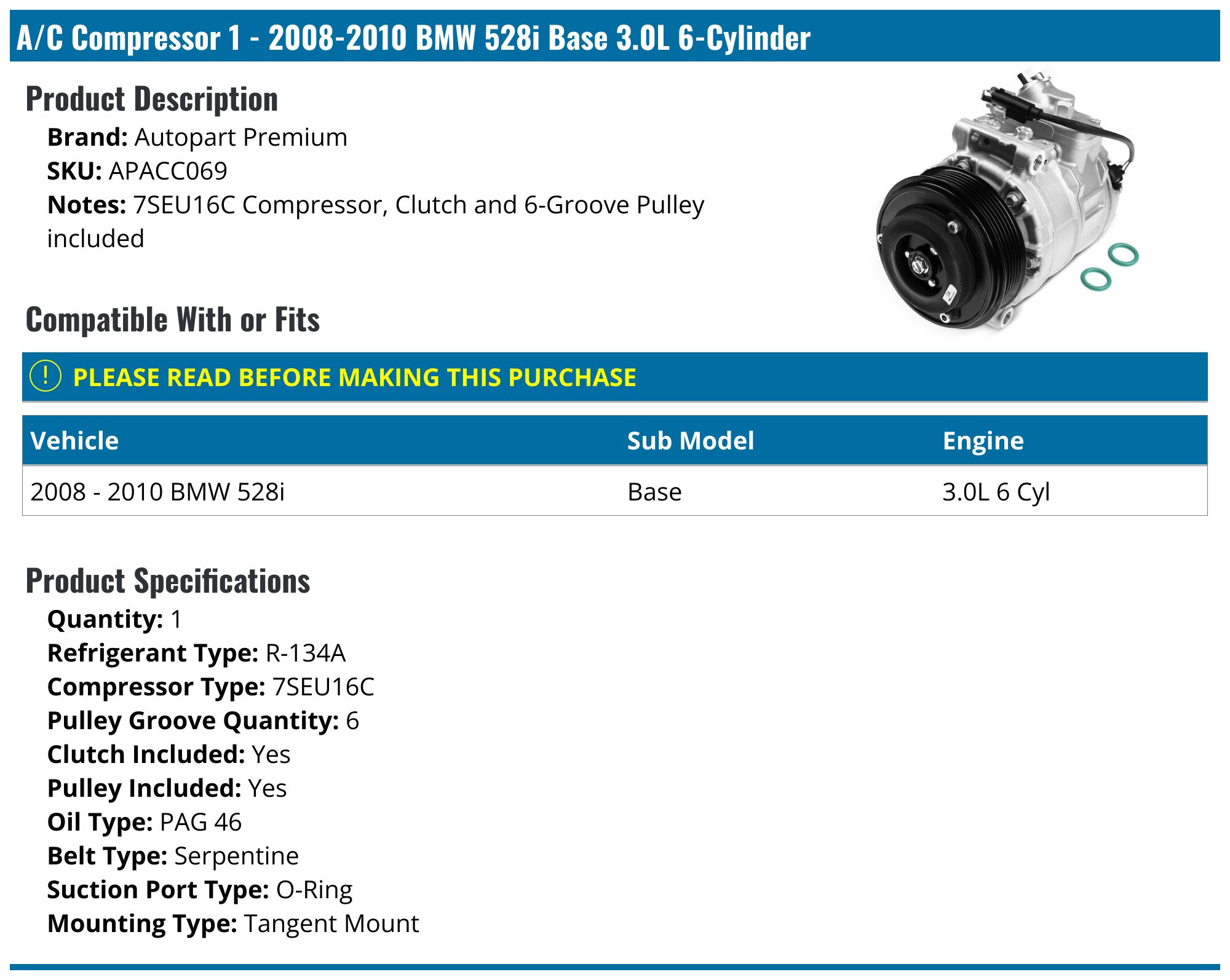 A/C Compressor W/ 7-Groove Pulley For BMW E60 F10 535i 535i XDrive 535xi L6 3.0L - Foto 7