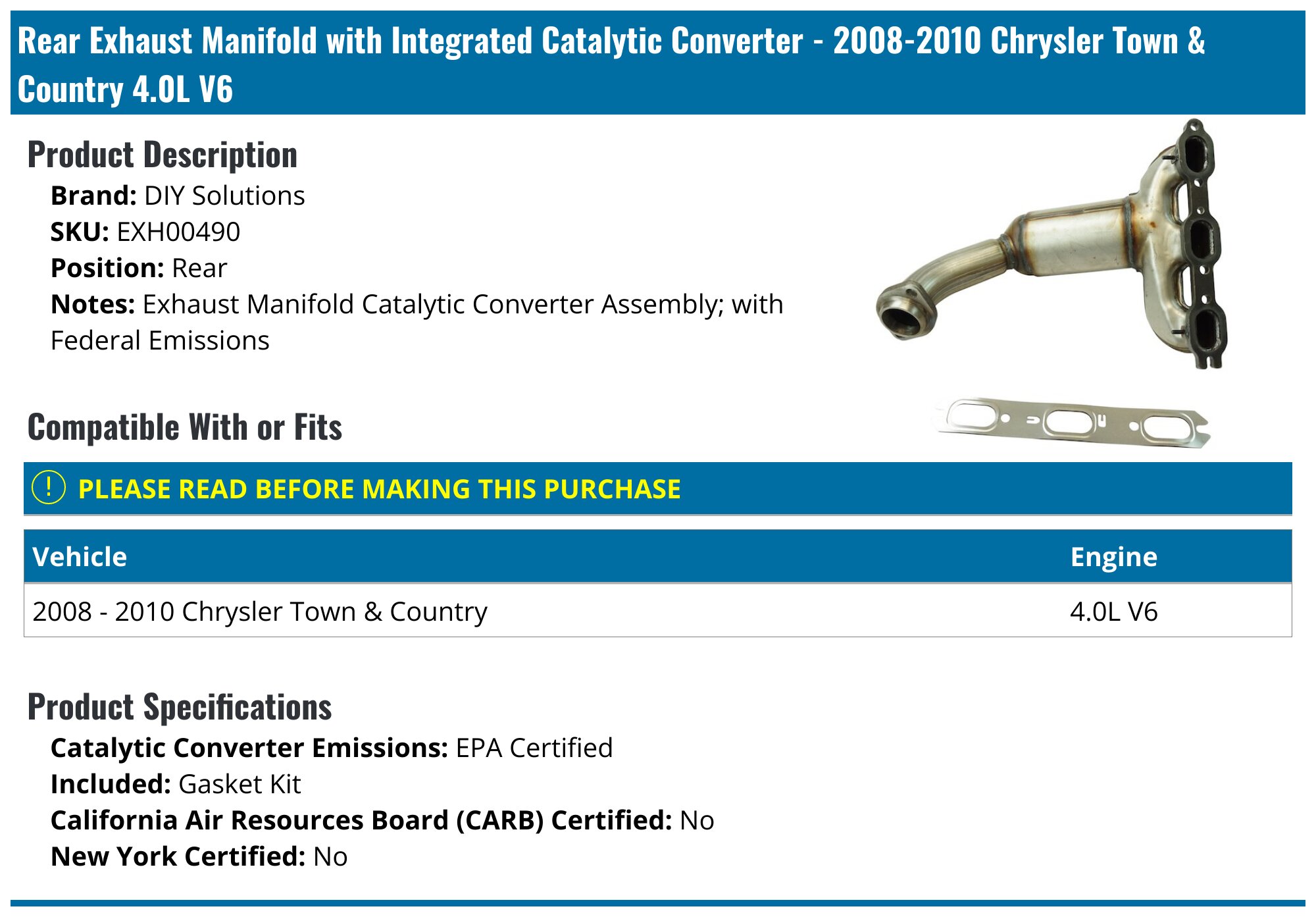 Chrysler 4.0L Catalytic Converters Set – Bank 1 & Bank 2, 2008-2010 Town & Country, EPA Certified