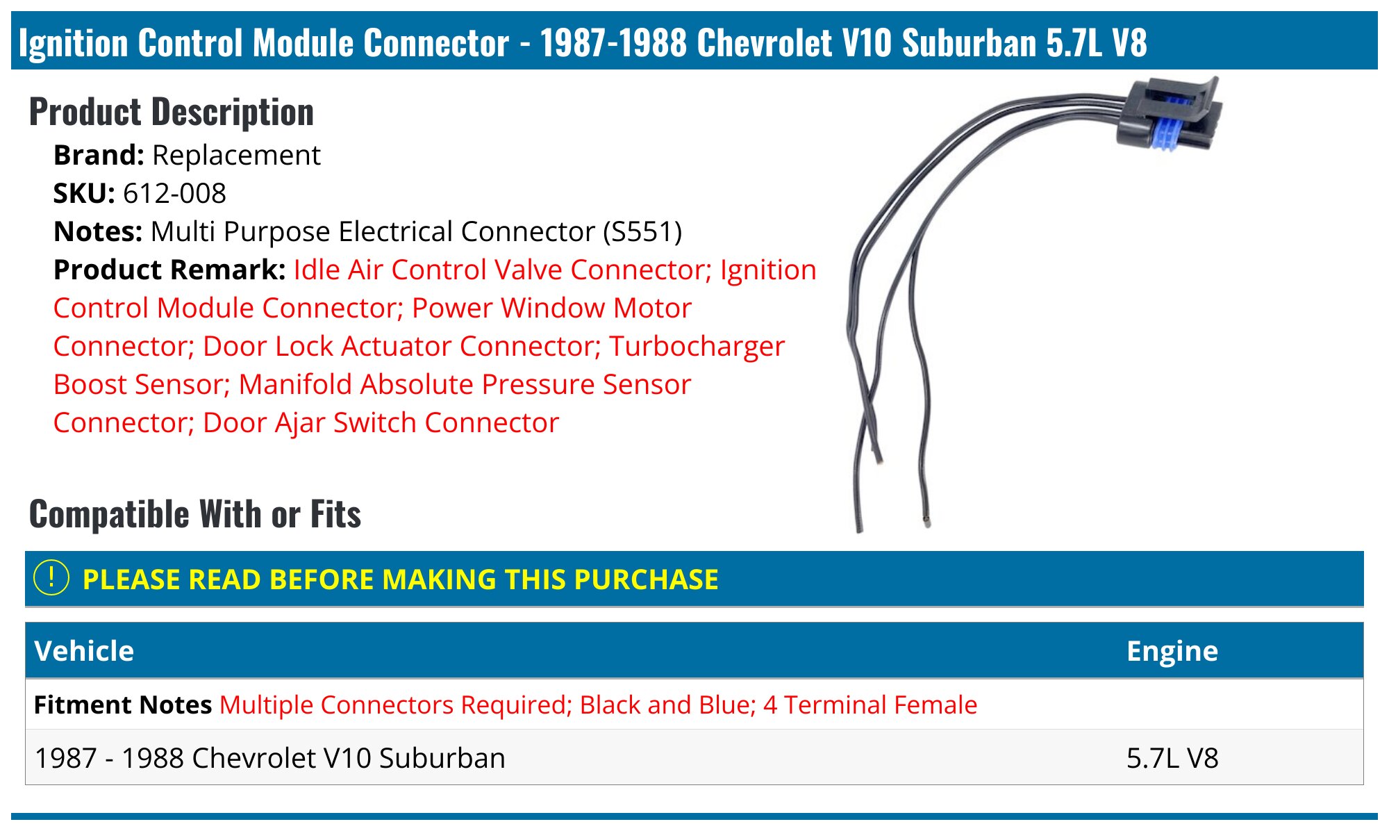 1987-1988 Chevrolet V10 Suburban Ignition Control Module Connector ...