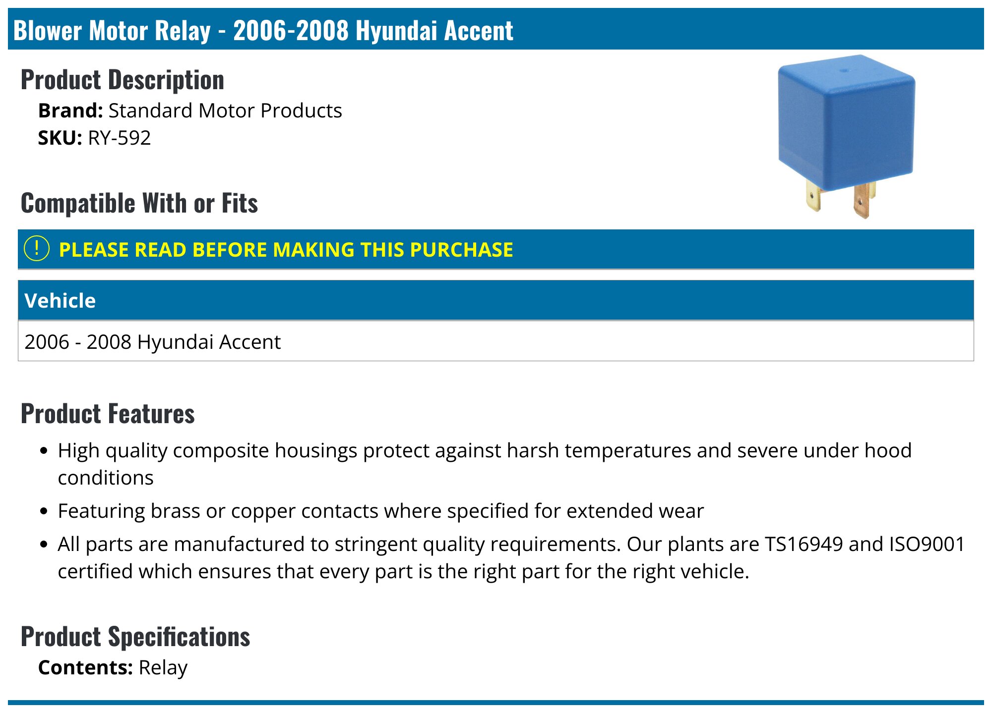 20062008 Hyundai Accent Blower Motor Resistor Standard Motor