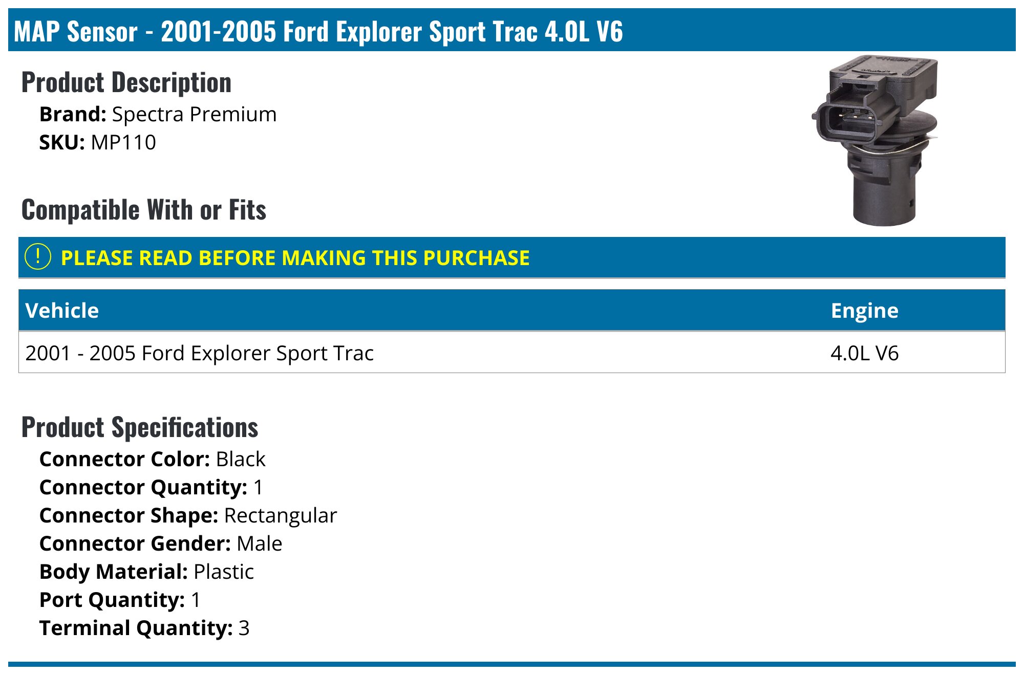 Ford Explorer Rsc Sensor 2001-2005 Ford Explorer Sport Trac MAP Sensor - Spectra Premium MP110 ...