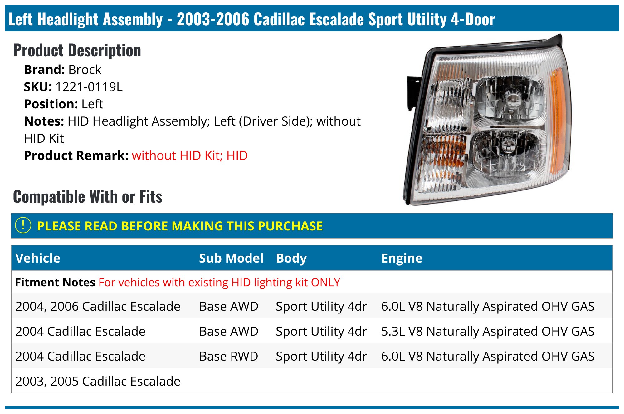 For Cadllac Escalade 2003-2006 Stock Ft HD Headlghts Bulbs LOW BEAM