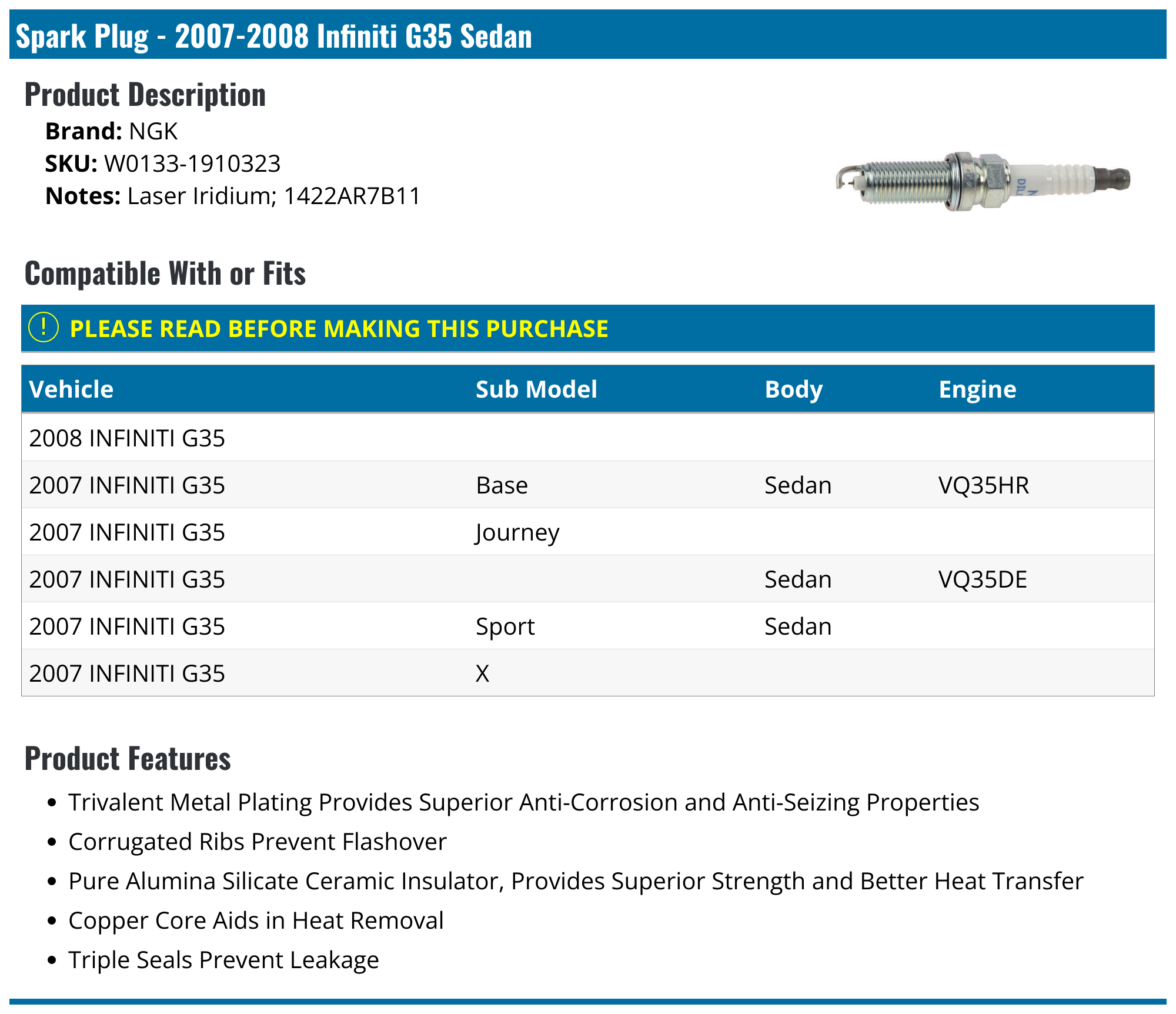 20072008 Infiniti G35 Spark Plug NGK W01331910323