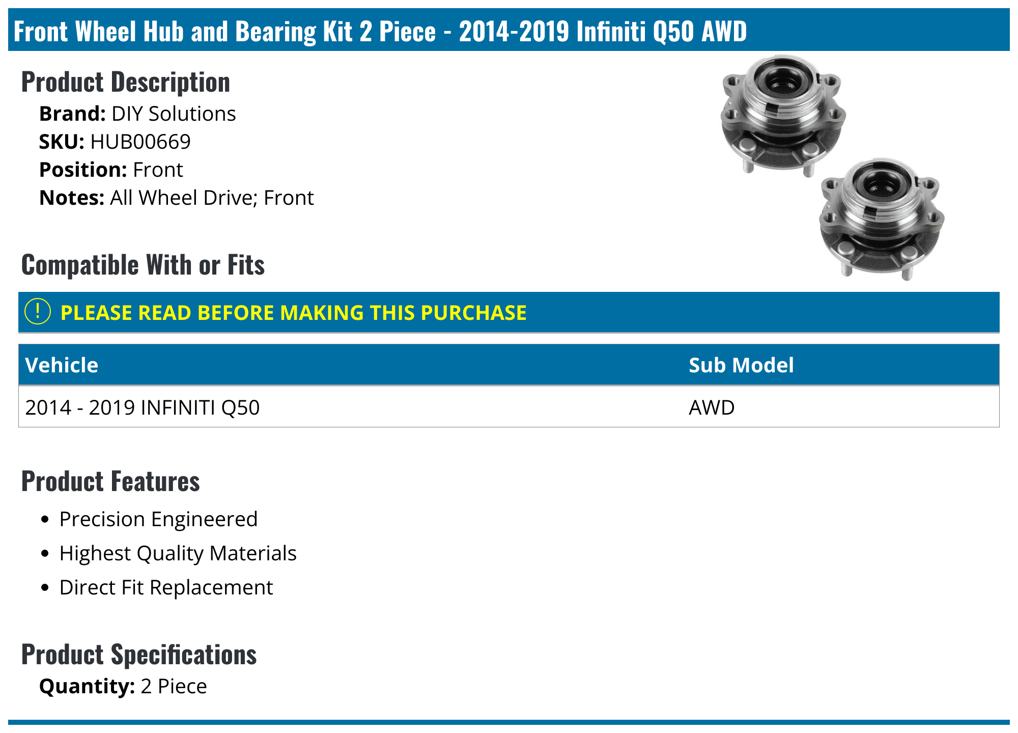 20142019 Infiniti Q50 Wheel Hub Assembly DIY Solutions HUB00669