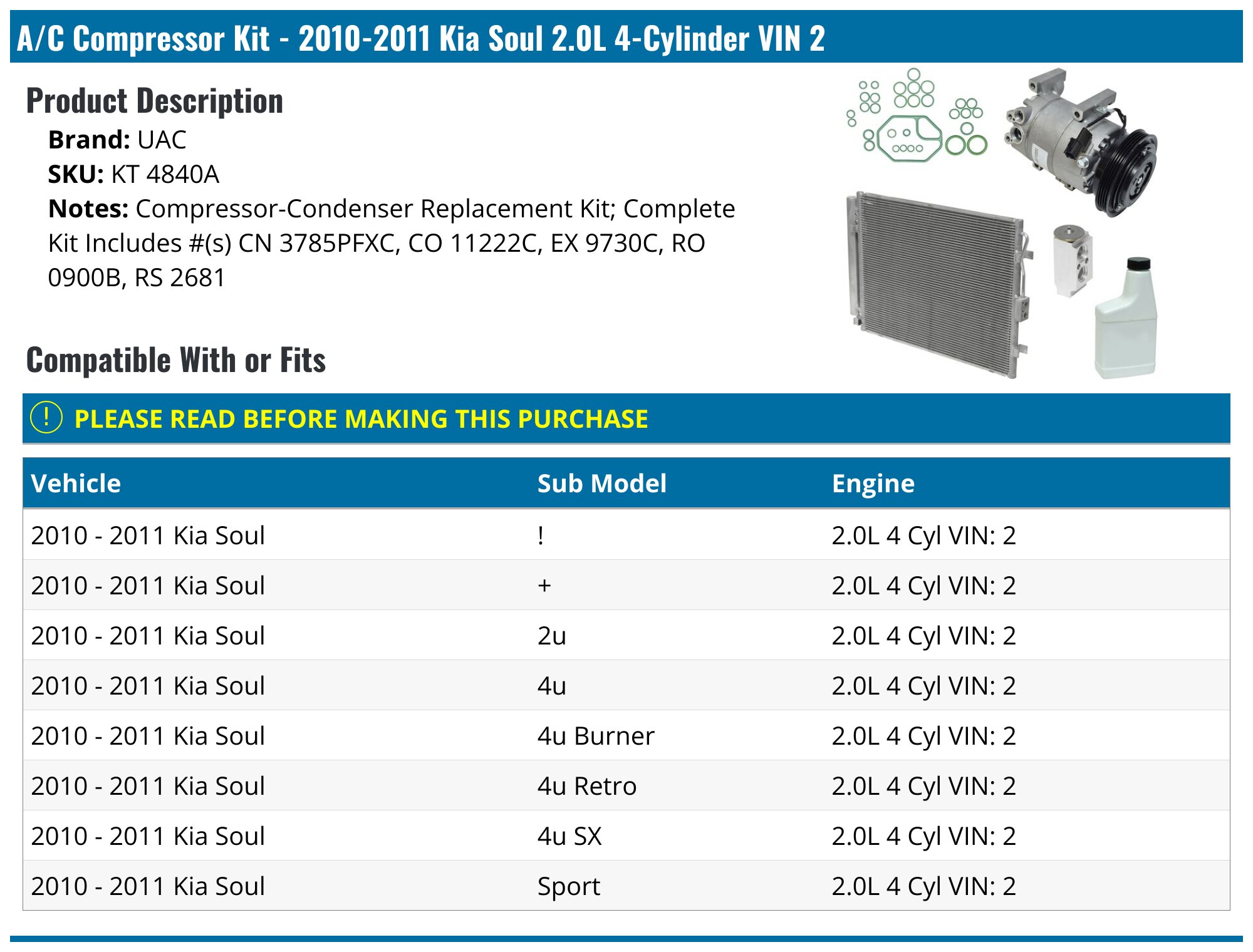 A/C Compressor For 10-11 Kia Soul 2.0L 4 Cyl RV96V1